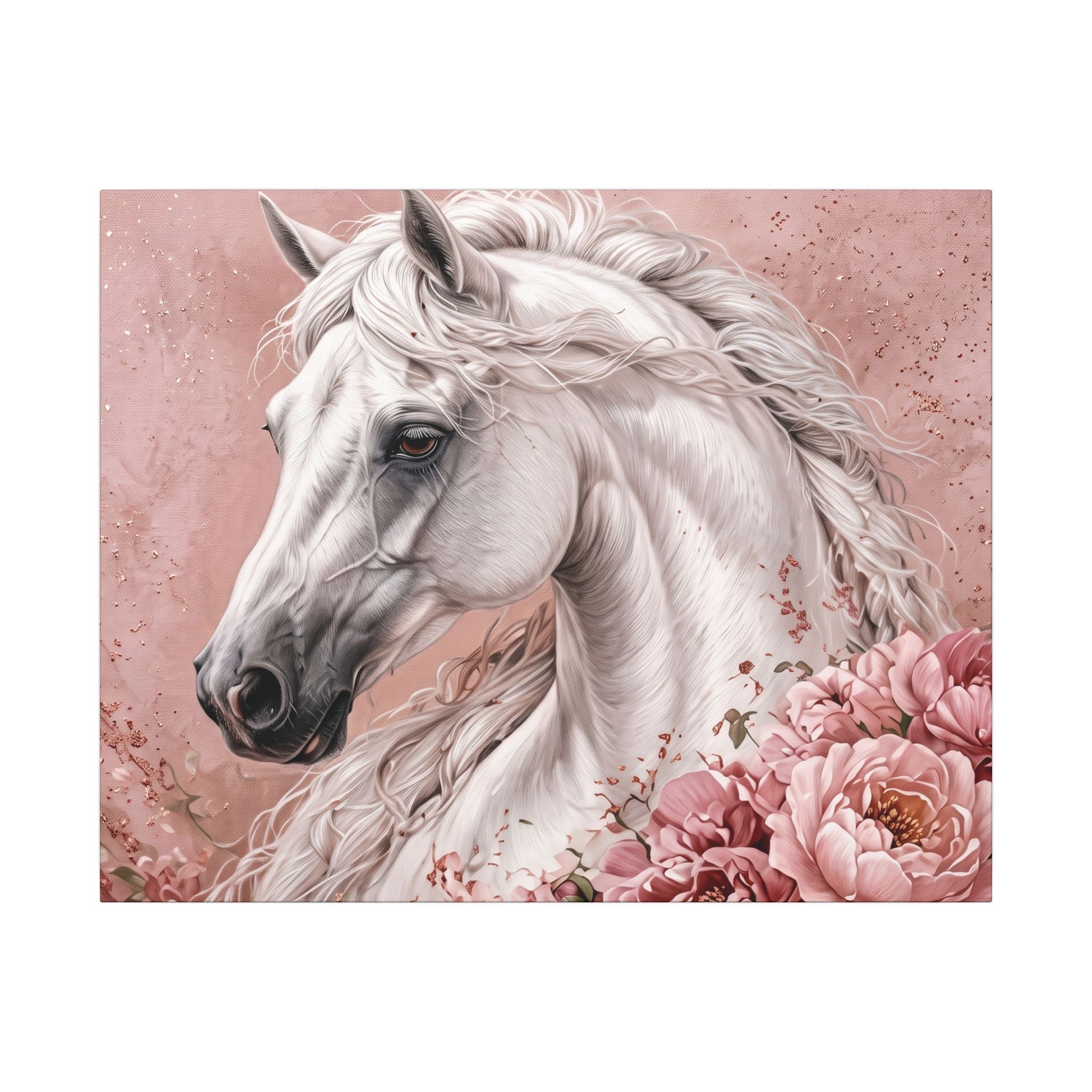 White Horse Floral Canvas Wall Art — Matte Stretched Horse Portrait