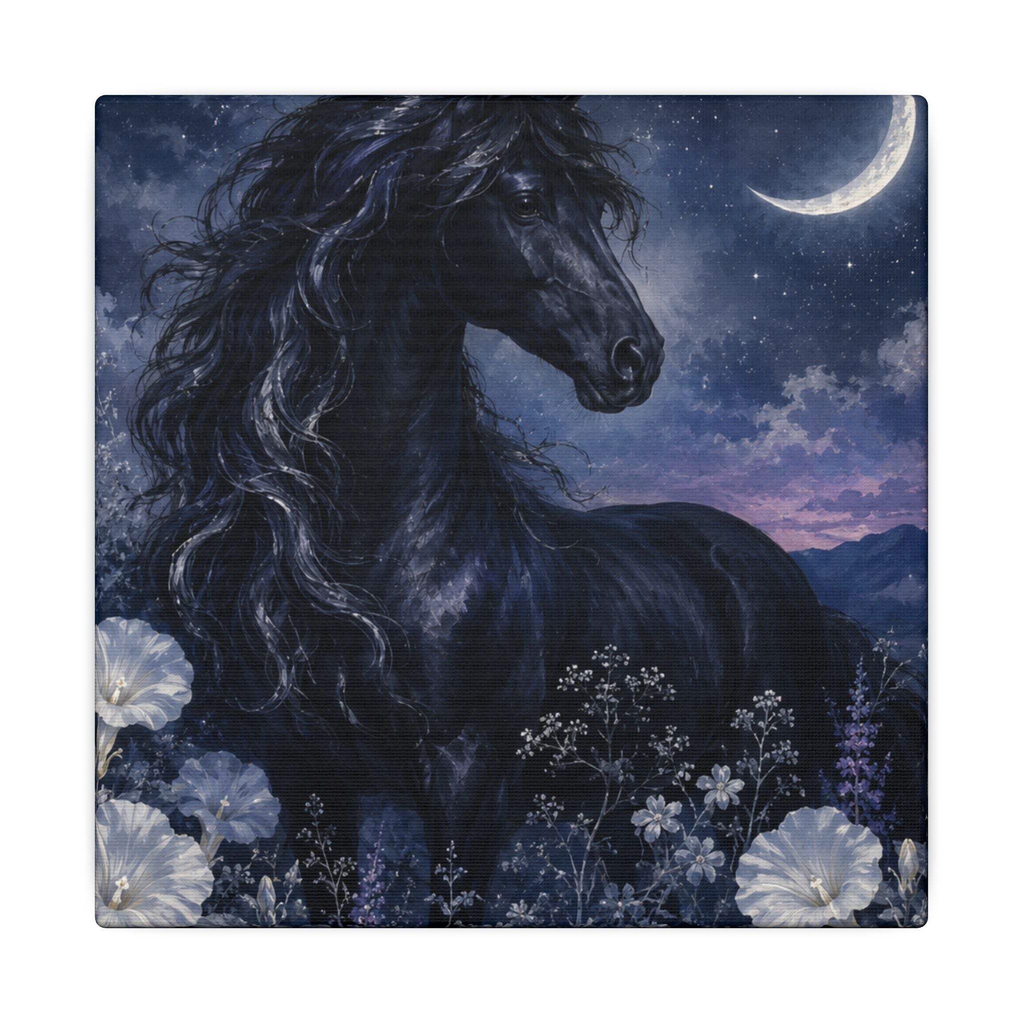 Midnight Stallion Canvas — Black Horse Moonlit Wall Art