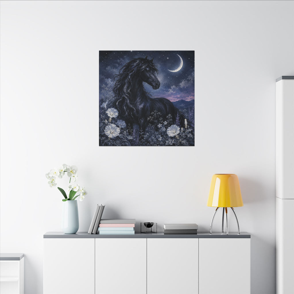 Midnight Stallion Canvas — Black Horse Moonlit Wall Art