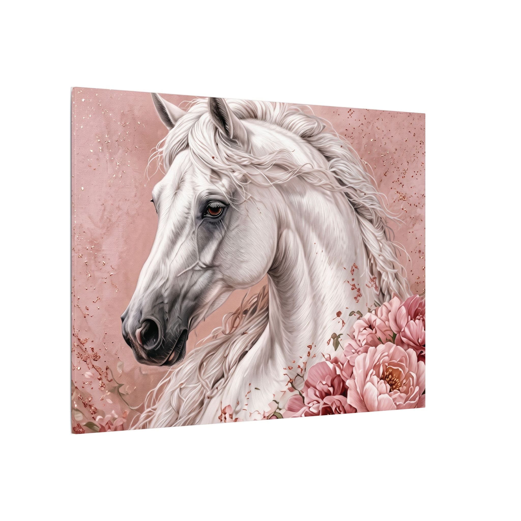 White Horse Floral Canvas Wall Art — Matte Stretched Horse Portrait