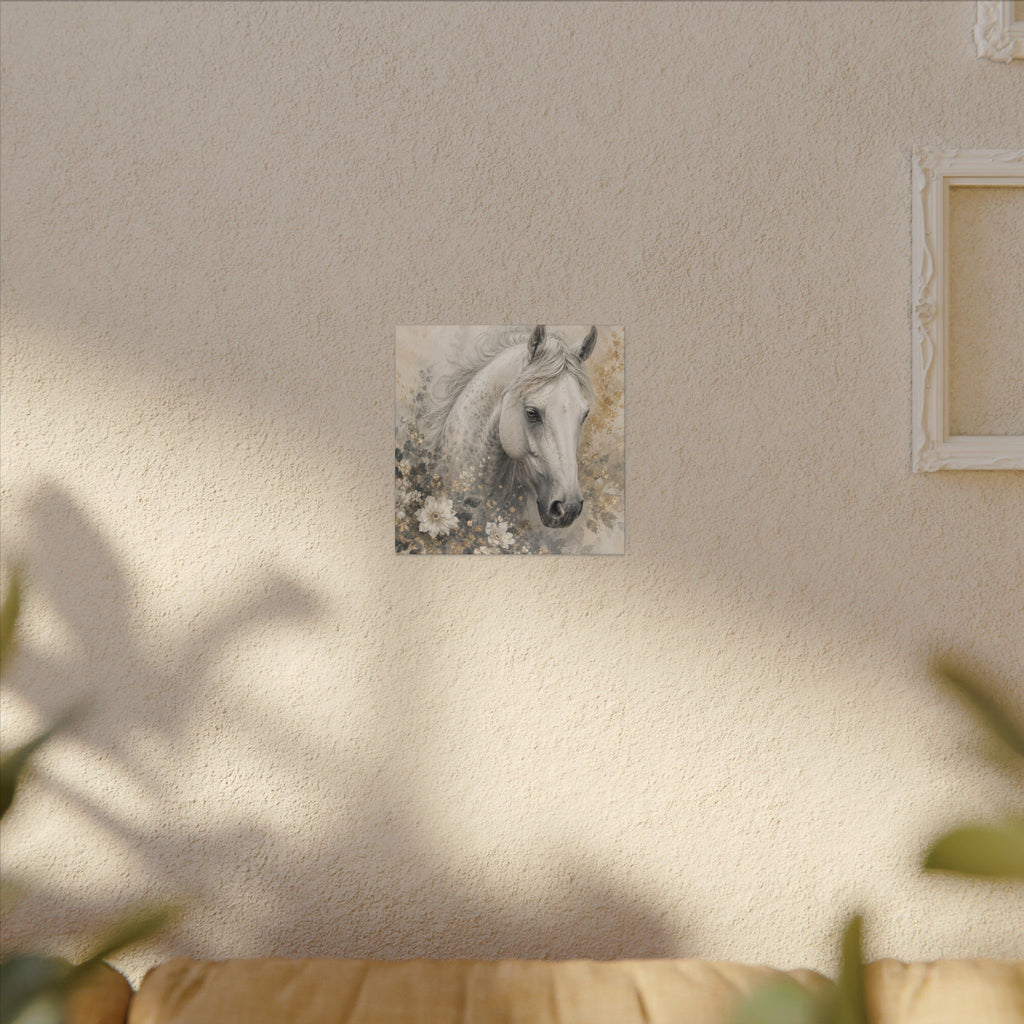 White Horse Floral Canvas Wall Art — Matte Stretched Horse Portrait
