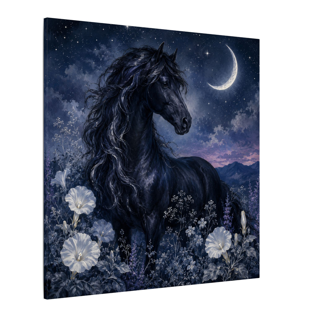 Midnight Stallion Canvas — Black Horse Moonlit Wall Art