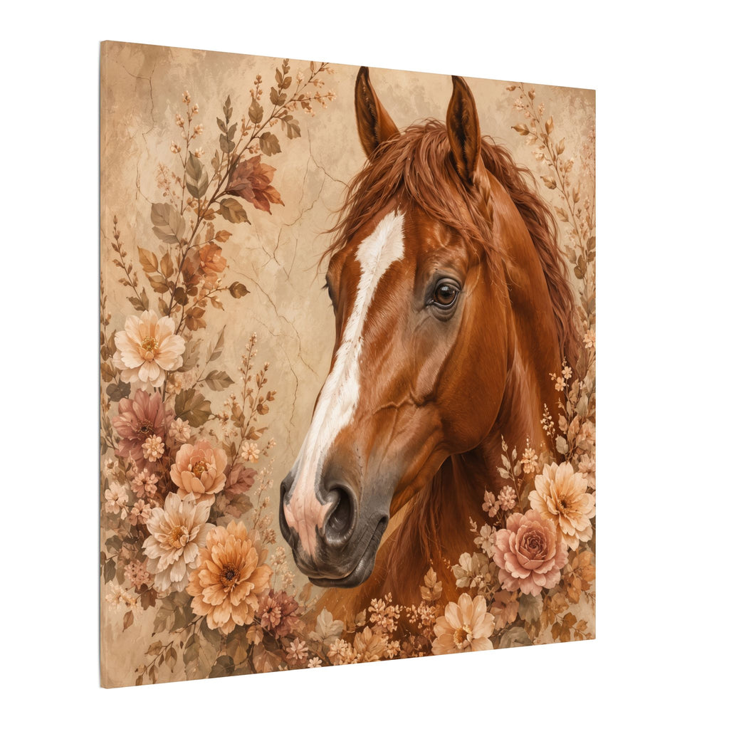 Chestnut Horse Portrait Canvas Wall Art — Floral Rustic Equestrian Decor