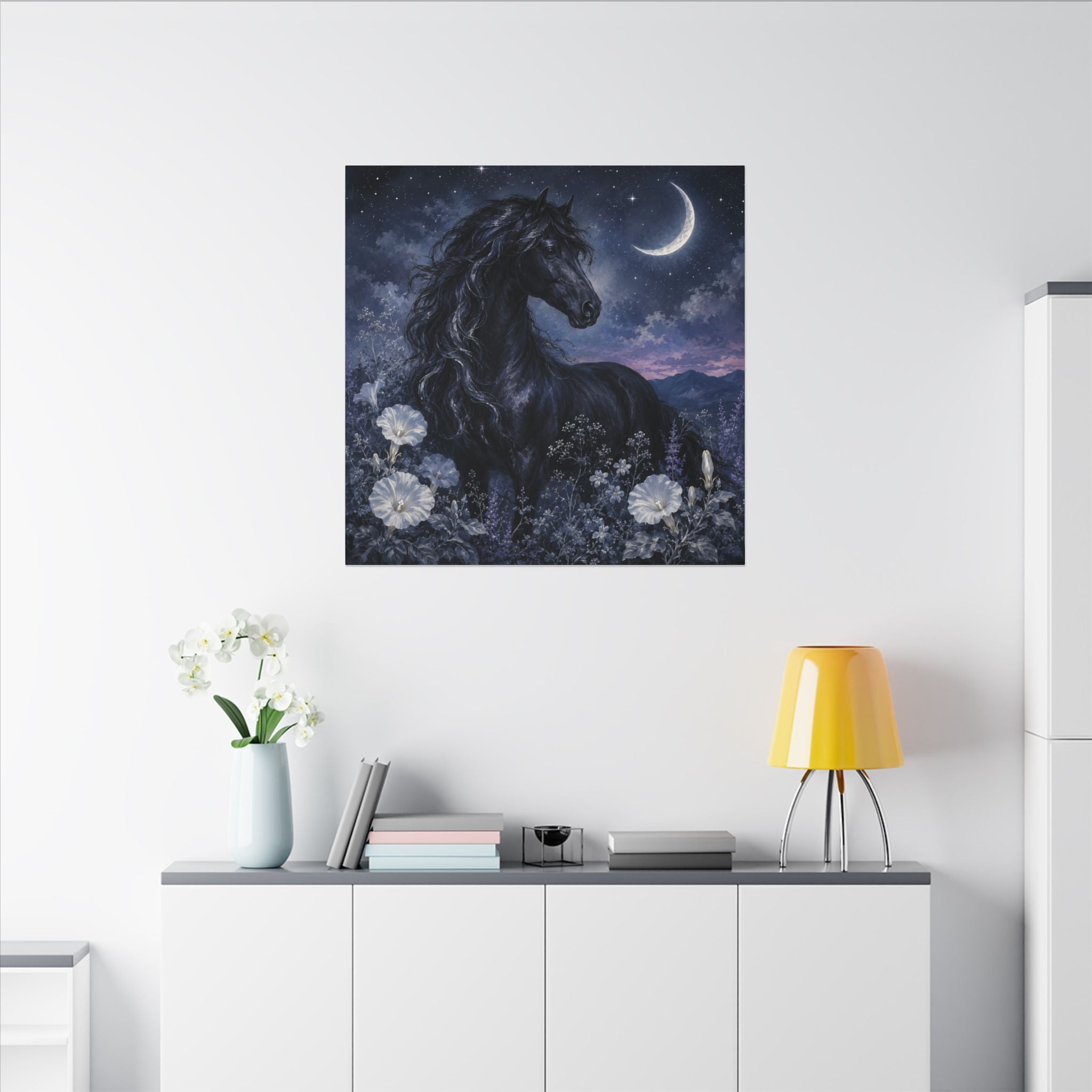 Midnight Stallion Canvas — Black Horse Moonlit Wall Art