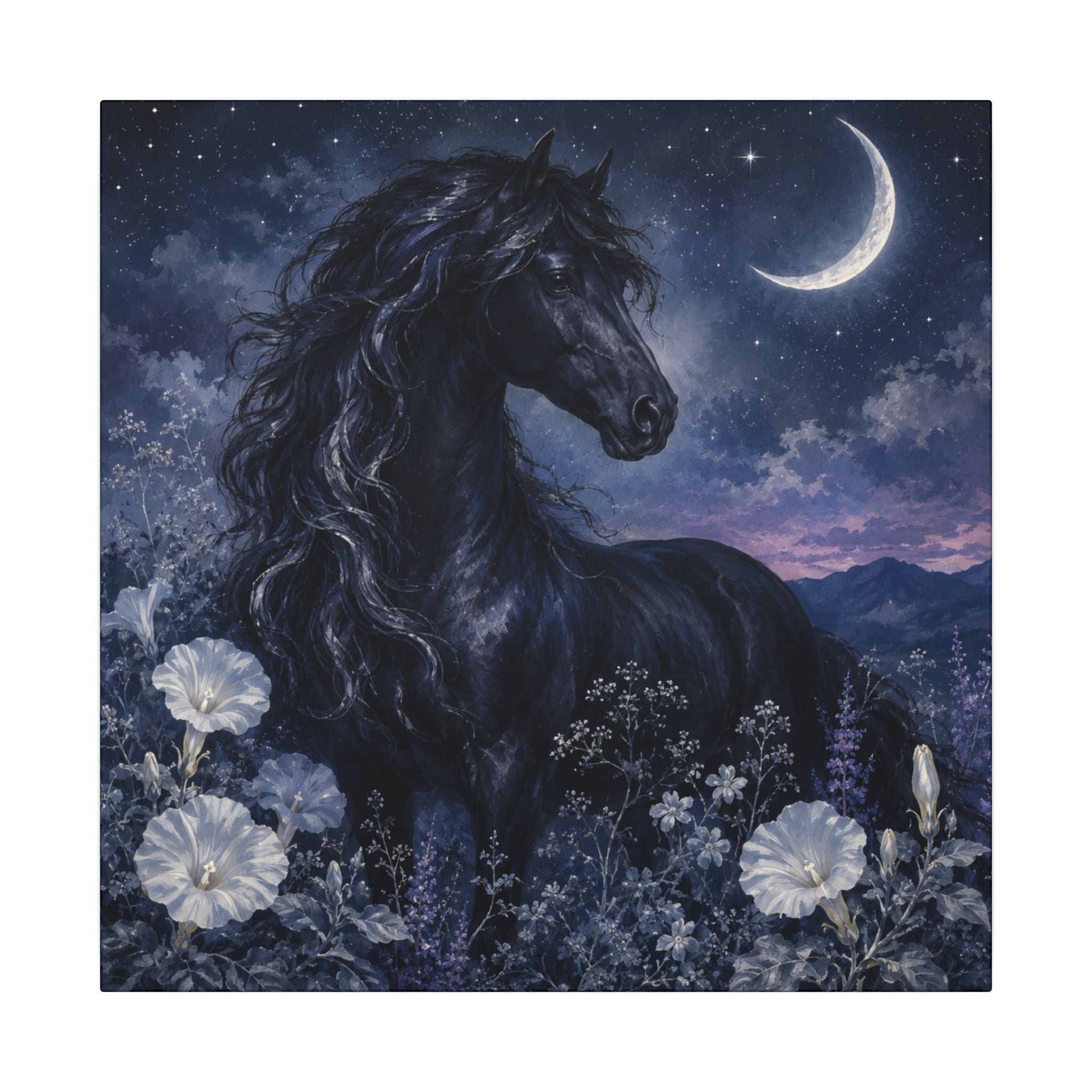 Midnight Stallion Canvas — Black Horse Moonlit Wall Art