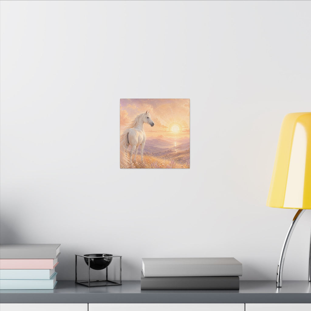 Equine Sunrise Matte Canvas Wall Art — White Horse Fantasy Landscape
