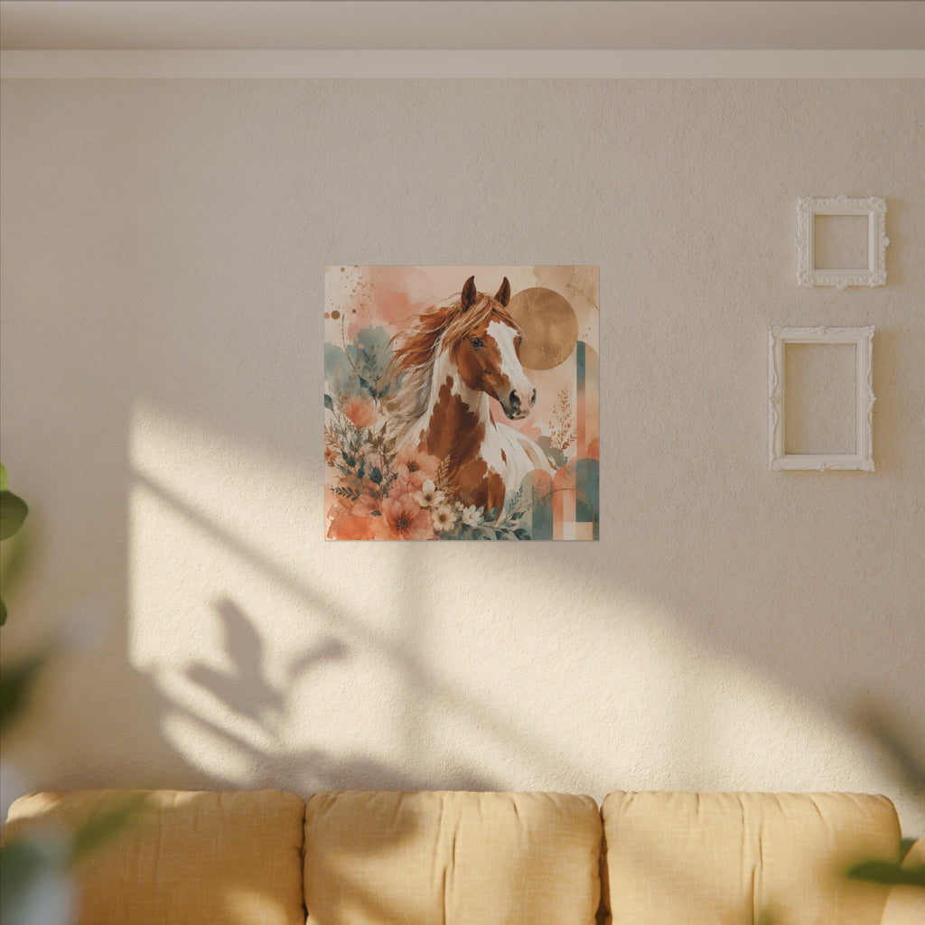 Painted Pinto Horse Canvas Wall Art — Boho Floral Equestrian Decor