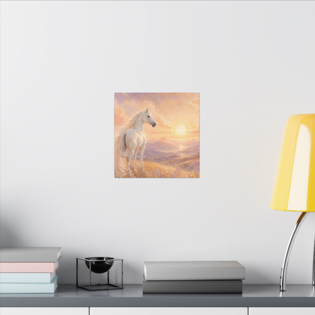 Equine Sunrise Matte Canvas Wall Art — White Horse Fantasy Landscape