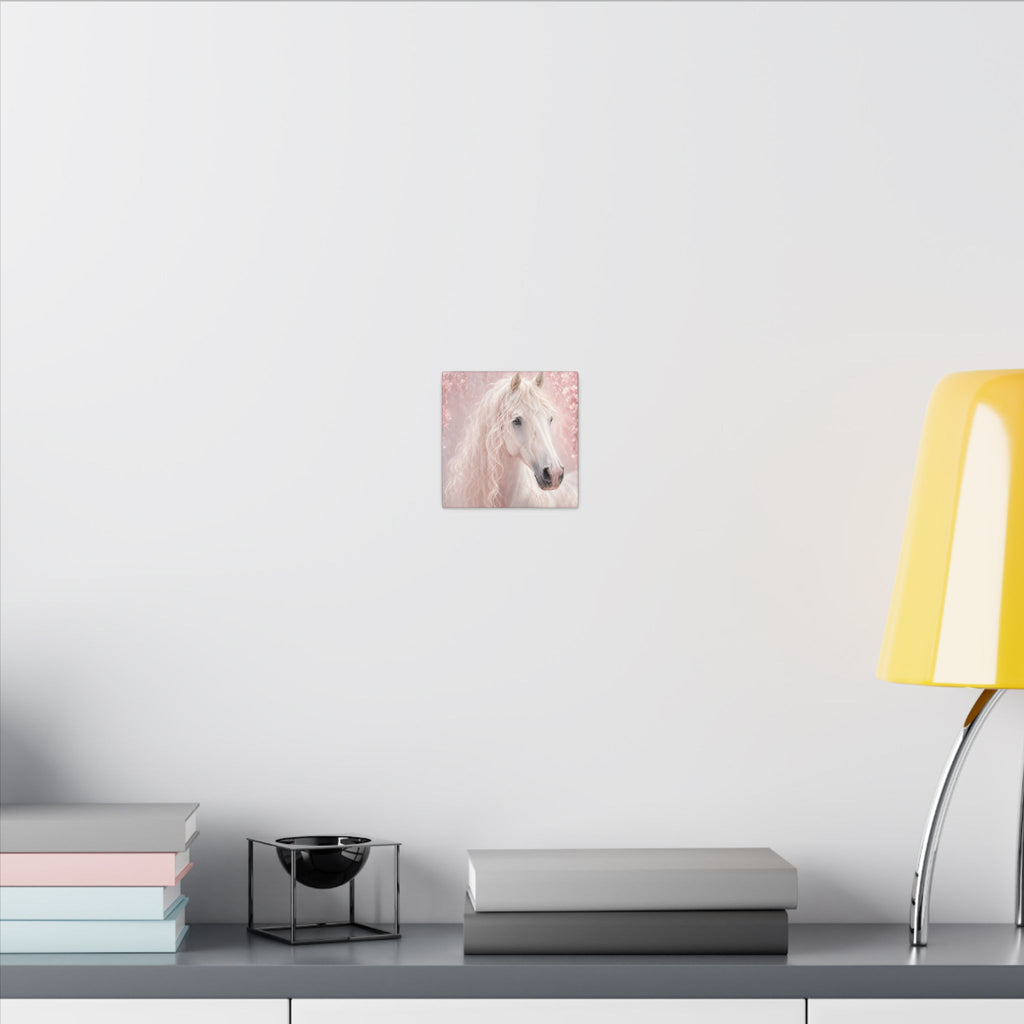 White Horse Canvas Wall Art — Romantic Pink Floral Unicorn-Style Print