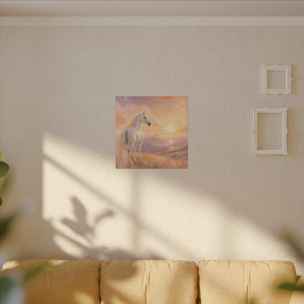 Equine Sunrise Matte Canvas Wall Art — White Horse Fantasy Landscape