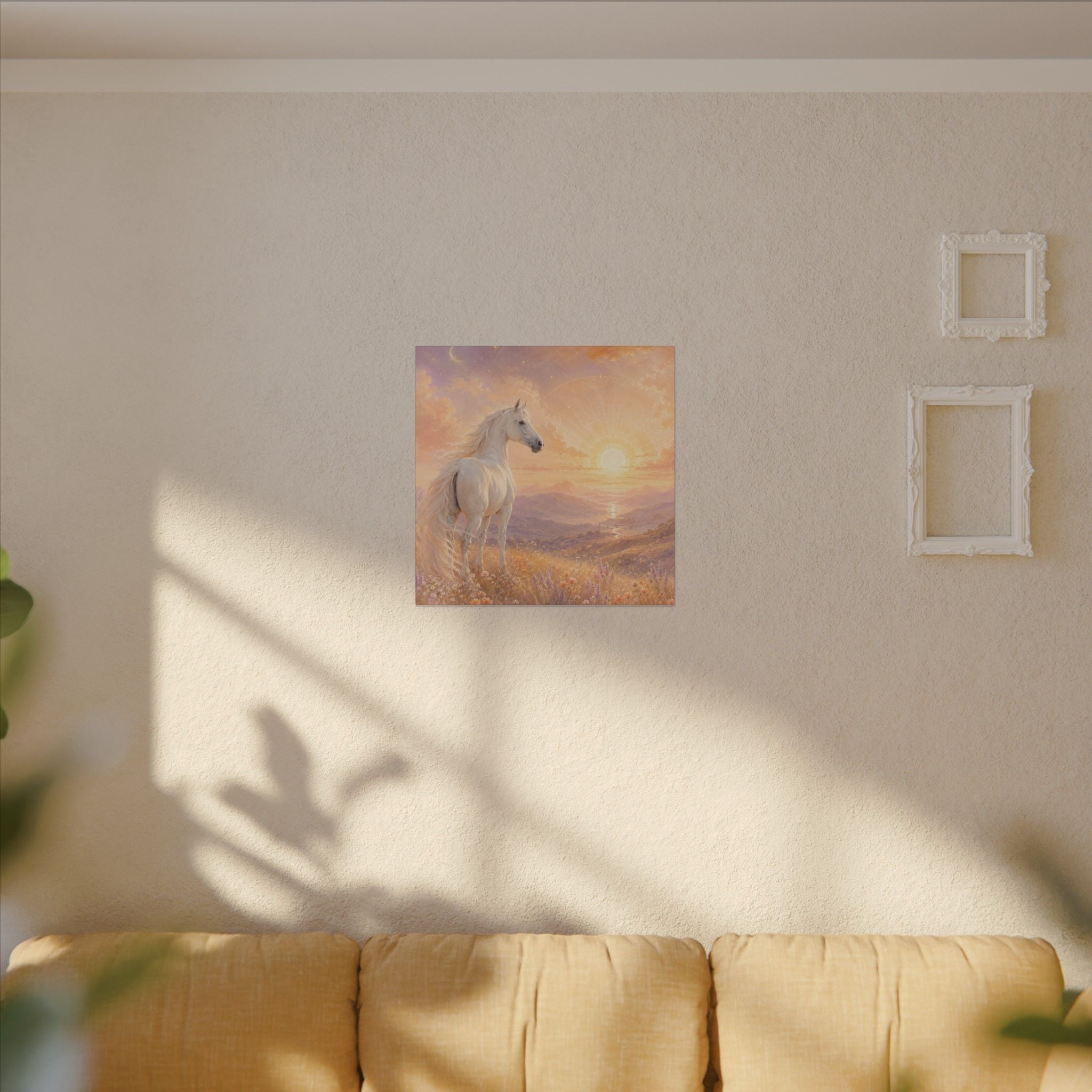 Equine Sunrise Matte Canvas Wall Art — White Horse Fantasy Landscape