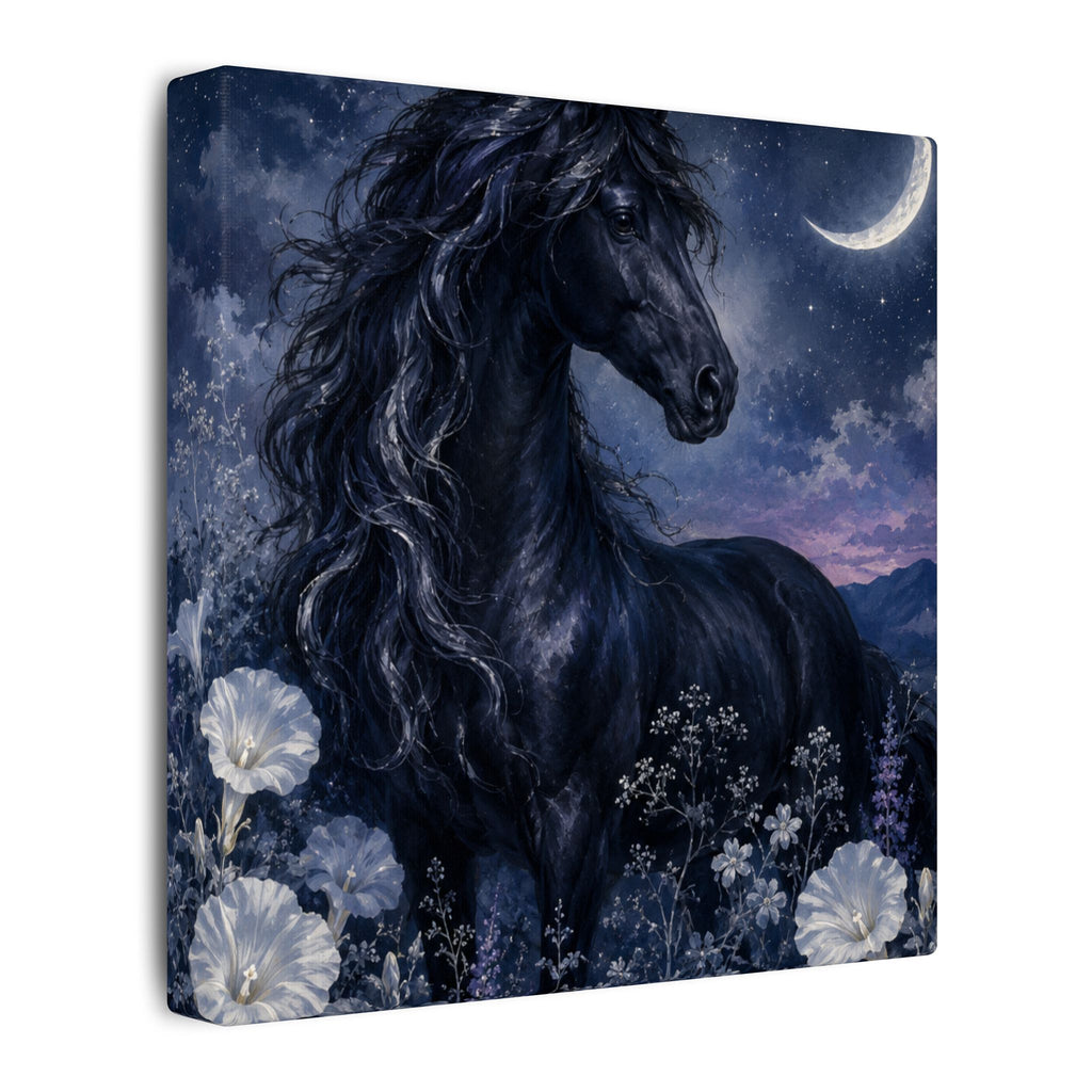 Midnight Stallion Canvas — Black Horse Moonlit Wall Art