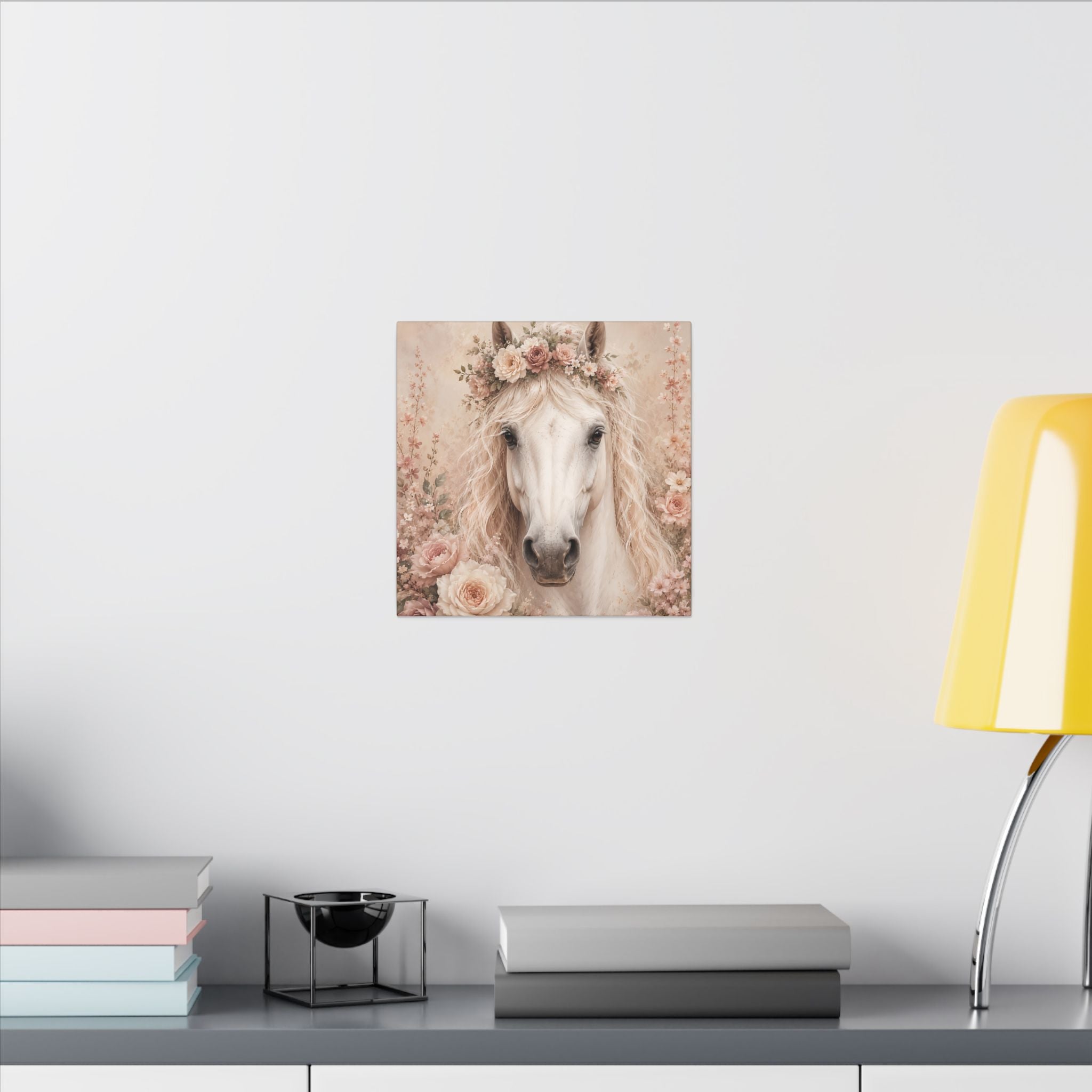 Floral White Horse Matte Canvas Wall Art