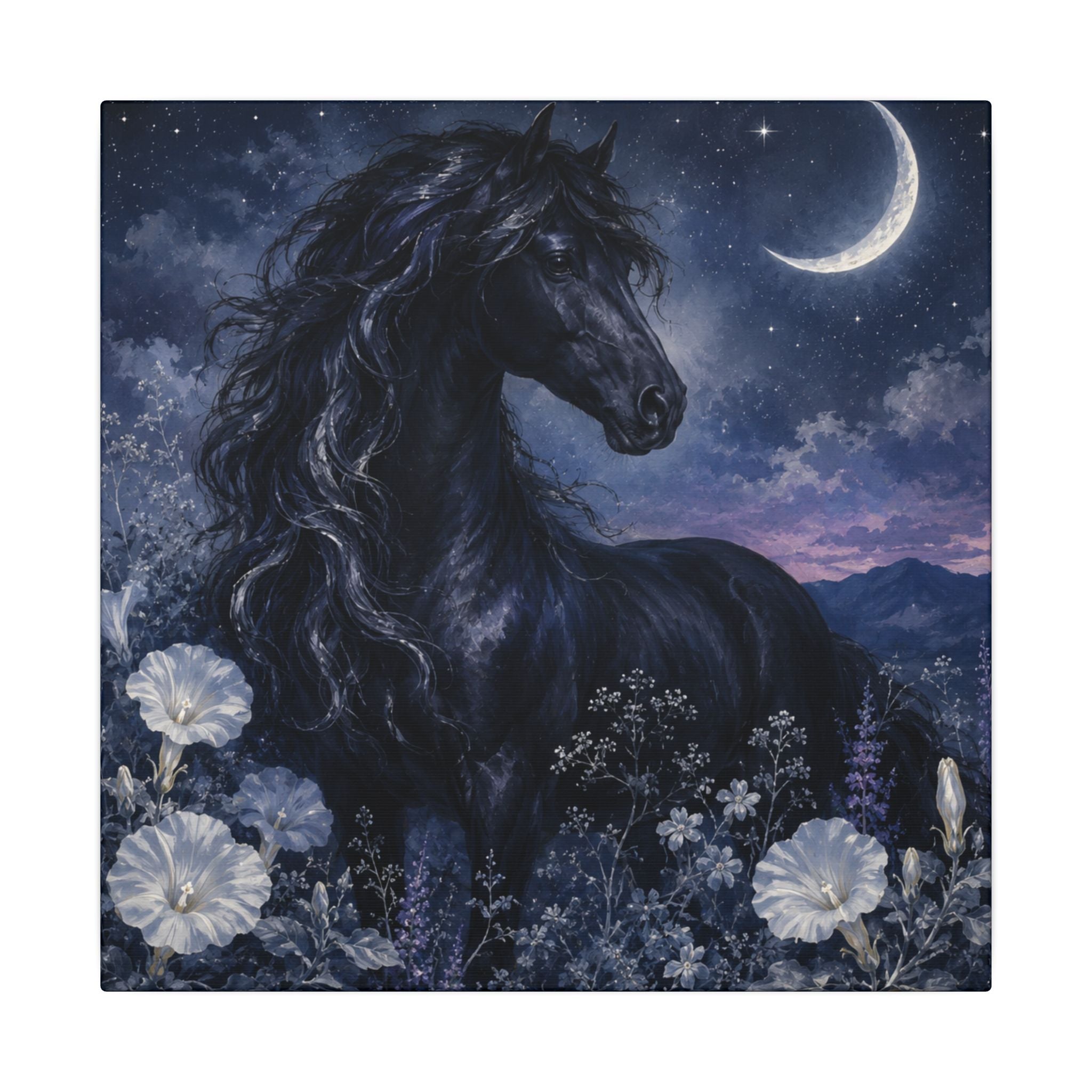 Midnight Stallion Canvas — Black Horse Moonlit Wall Art