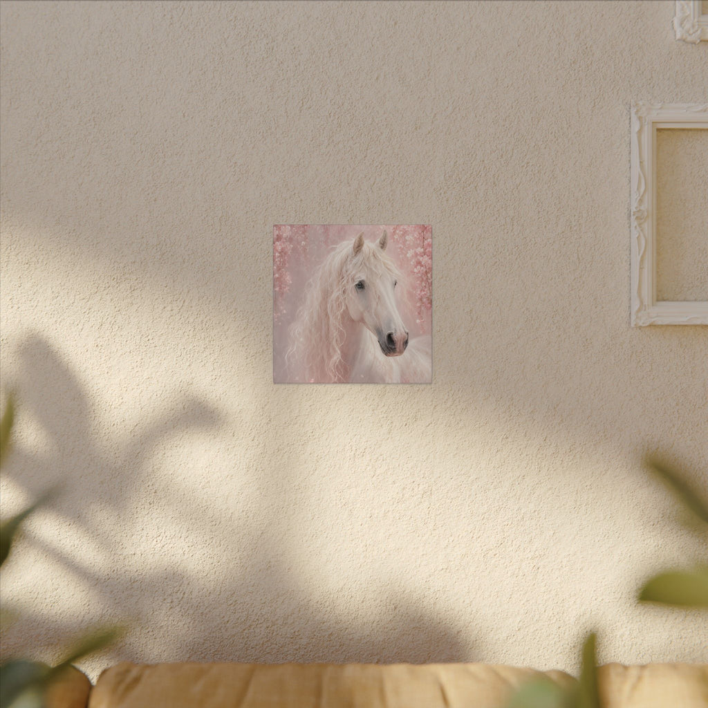 White Horse Canvas Wall Art — Romantic Pink Floral Unicorn-Style Print
