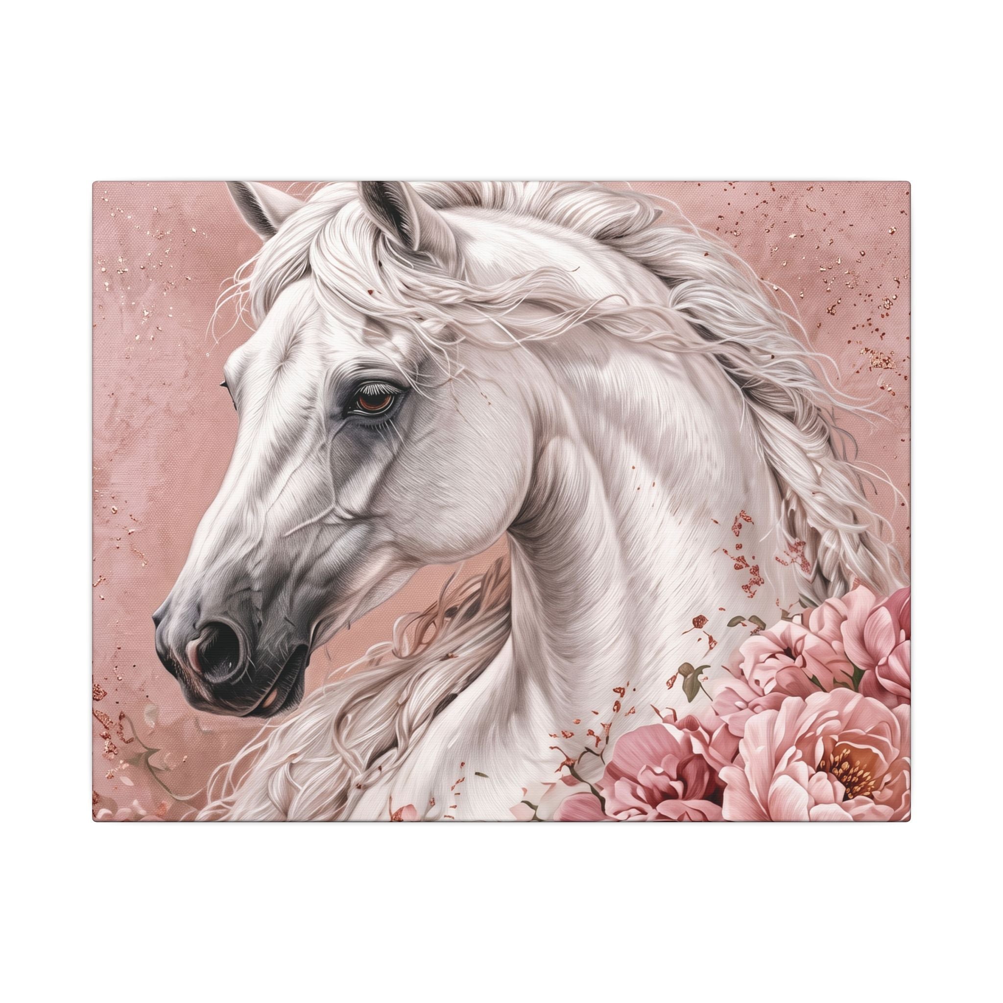 White Horse Floral Canvas Wall Art — Matte Stretched Horse Portrait