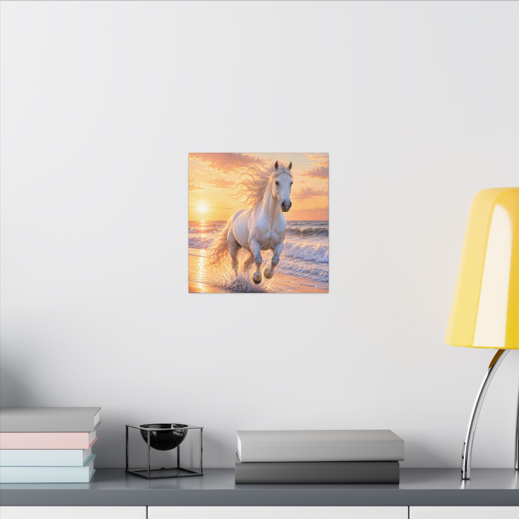 White Horse on Beach Canvas Print — Sunset Seaside Wall Art