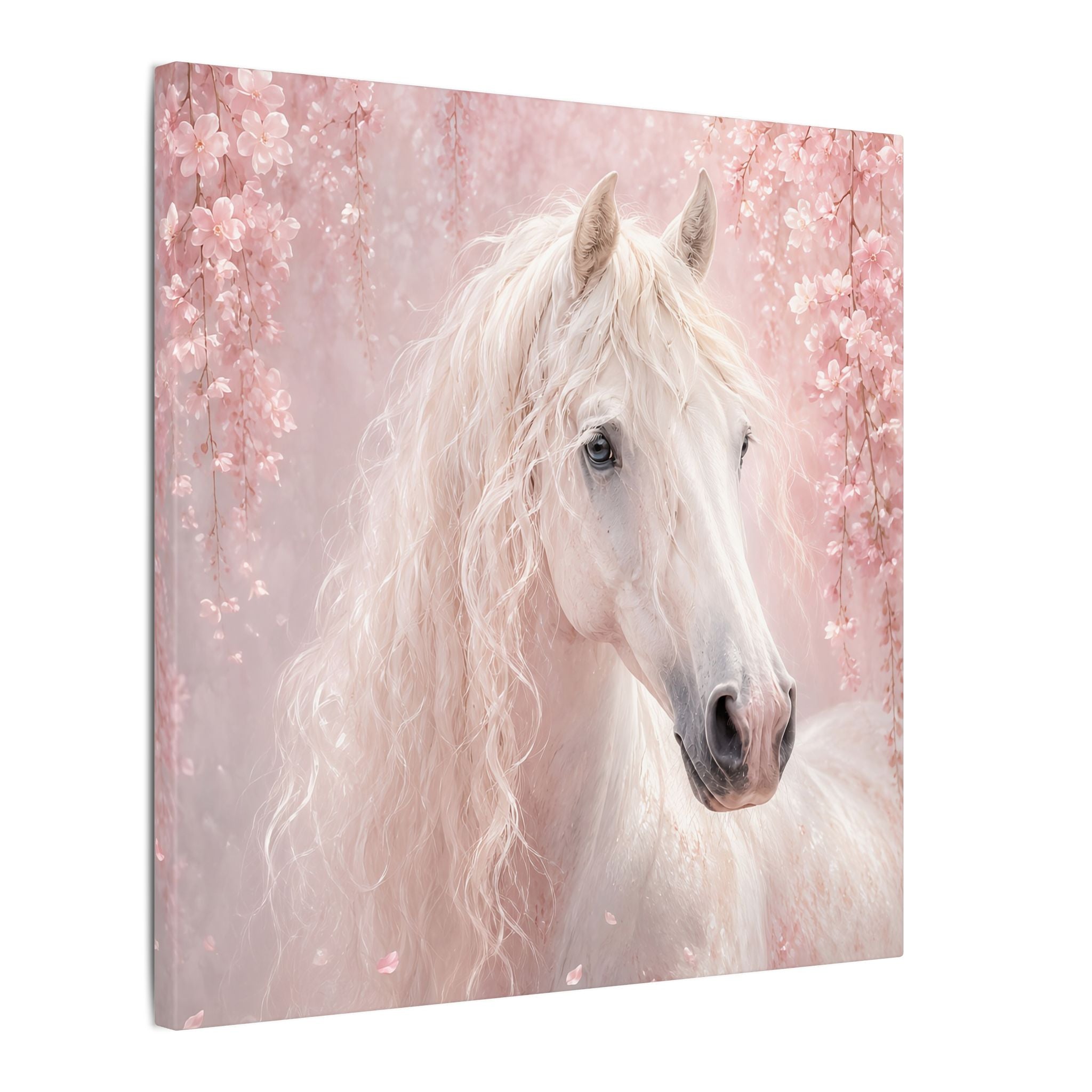 White Horse Canvas Wall Art — Romantic Pink Floral Unicorn-Style Print