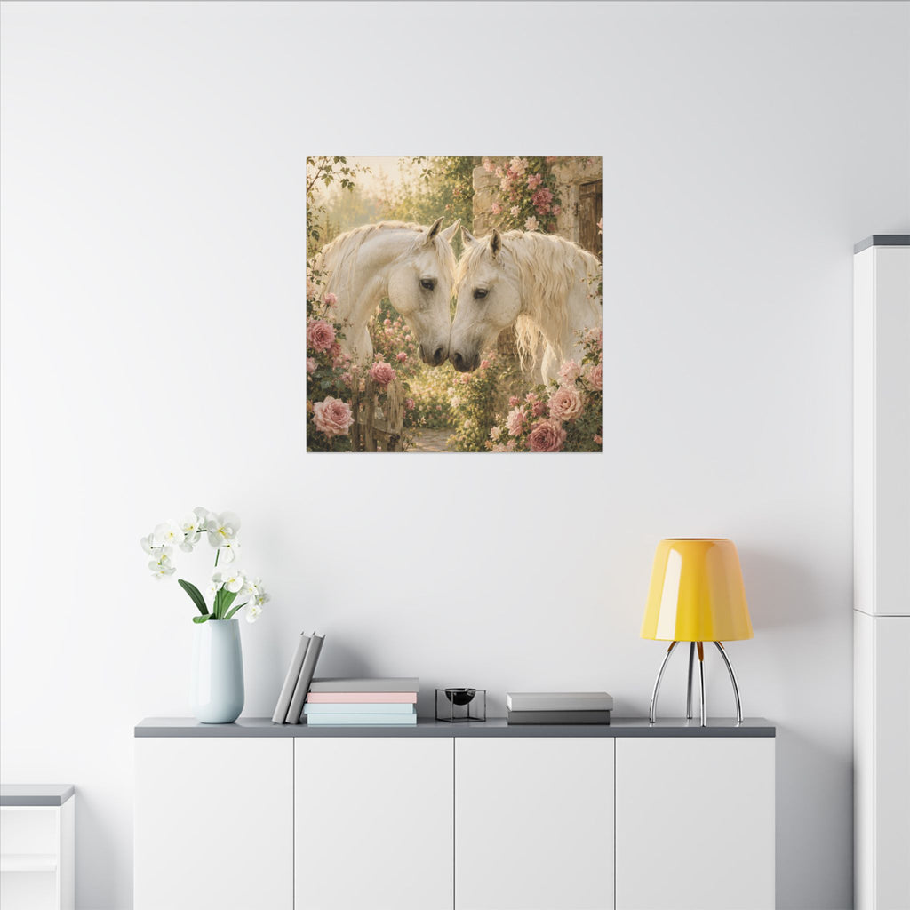 Romantic White Horses Canvas Wall Art — Floral Garden Horse Print