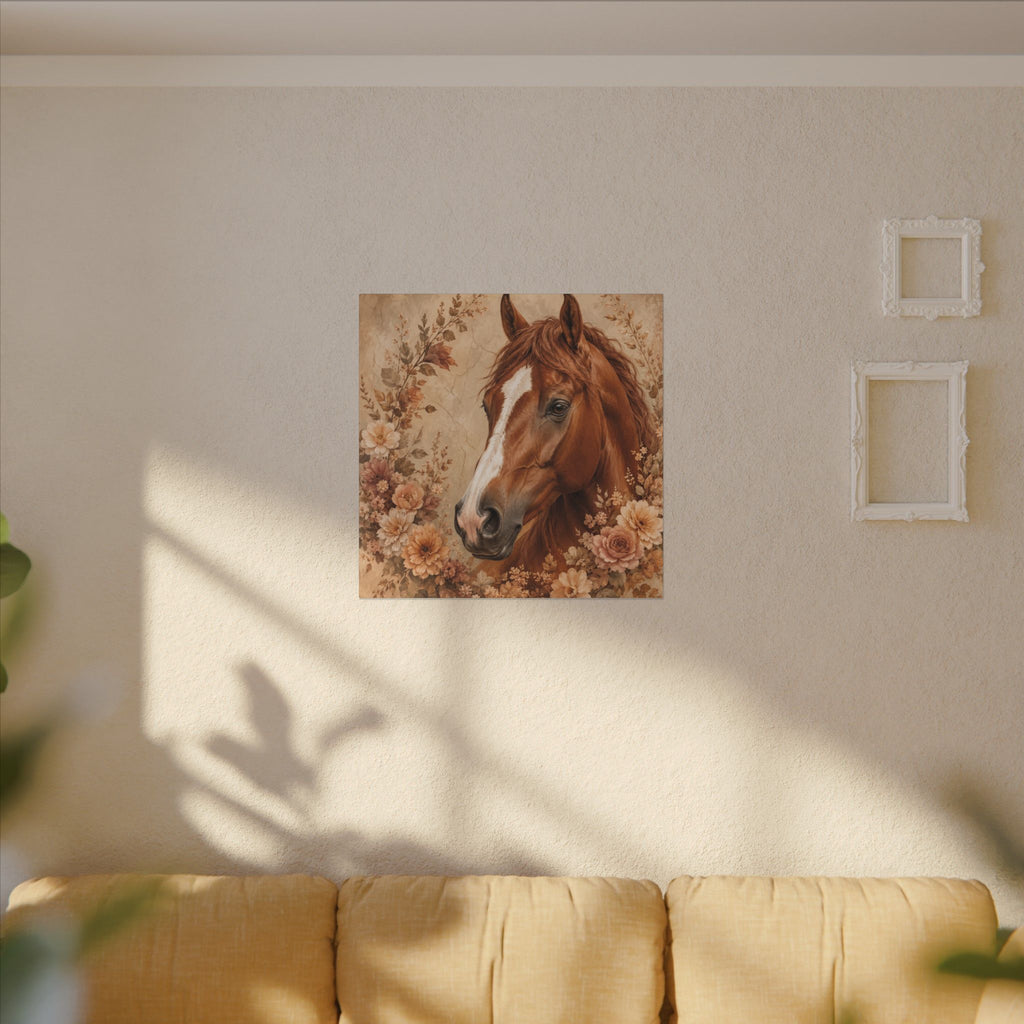 Chestnut Horse Portrait Canvas Wall Art — Floral Rustic Equestrian Decor