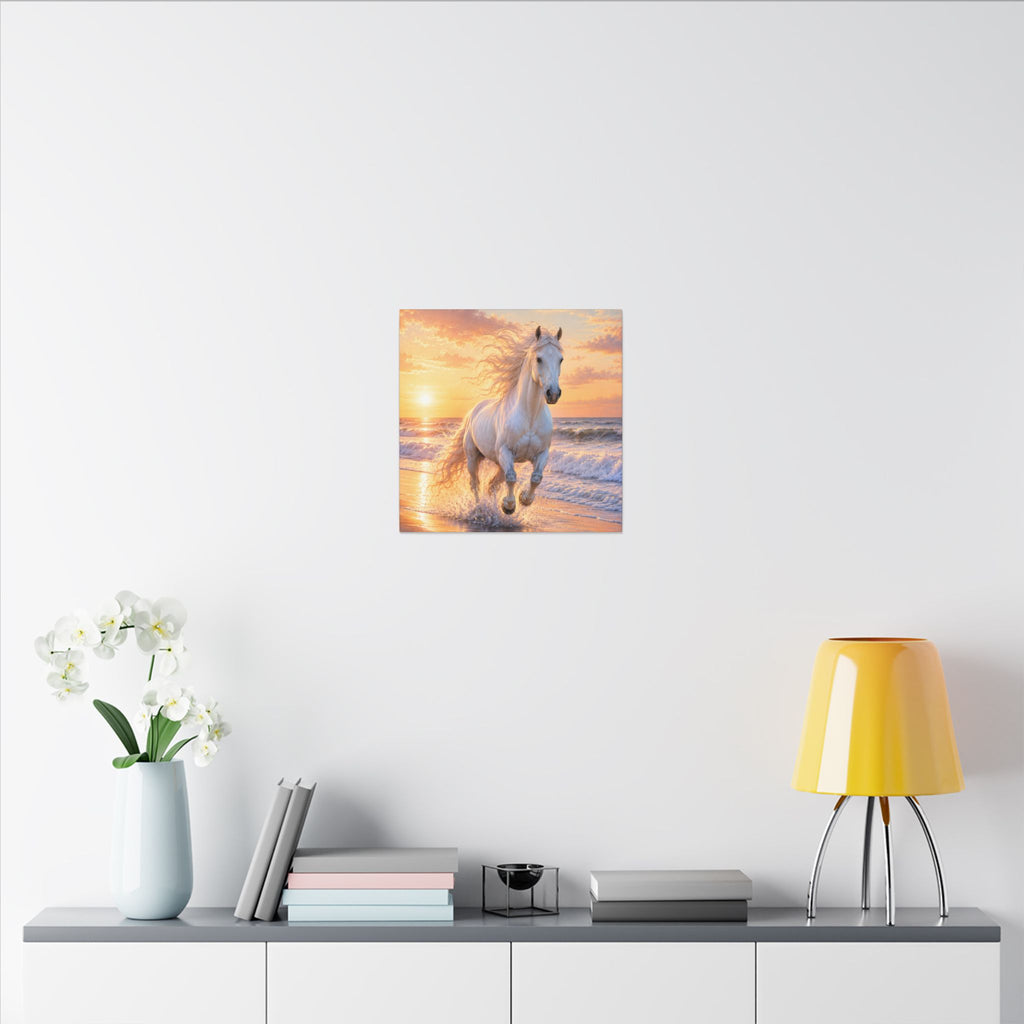 White Horse on Beach Canvas Print — Sunset Seaside Wall Art