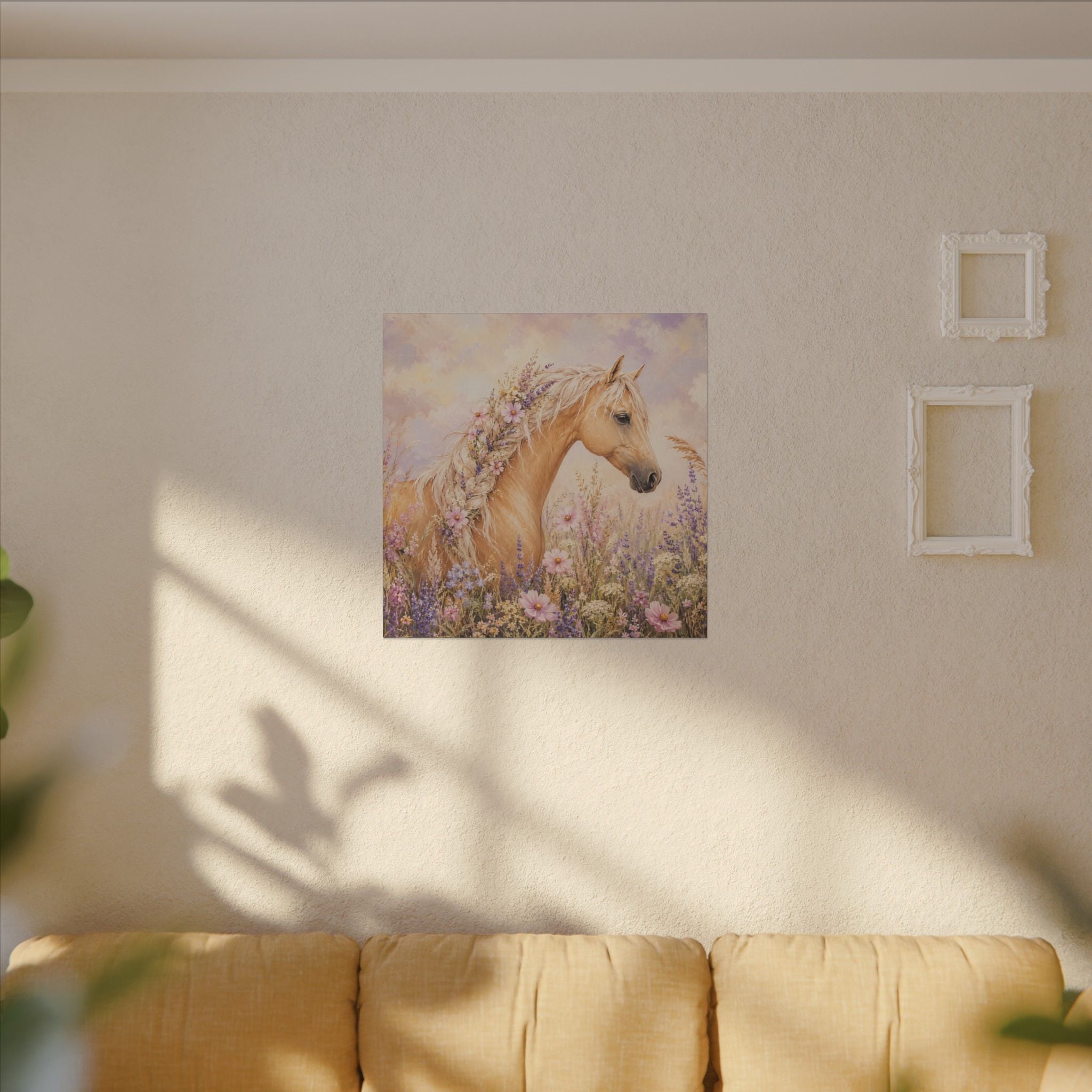 Palomino Horse Canvas Wall Art — Floral Meadow Matte Stretched Canvas