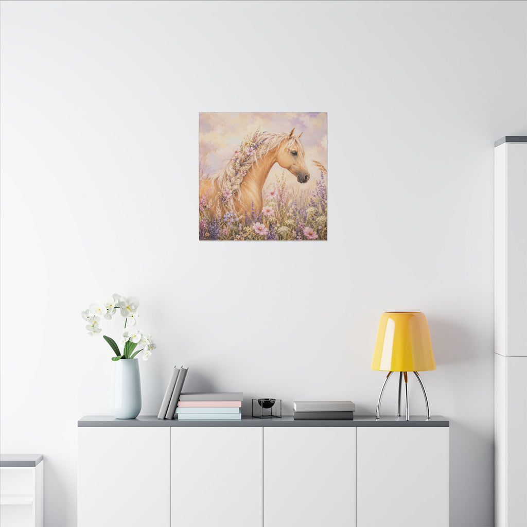 Palomino Horse Canvas Wall Art — Floral Meadow Matte Stretched Canvas