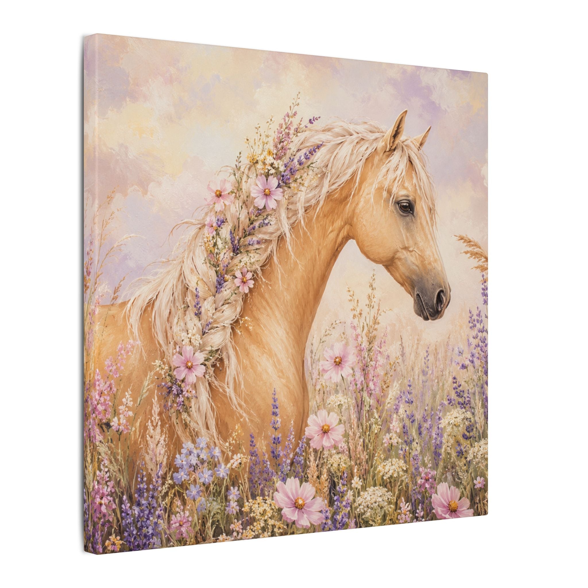 Palomino Horse Canvas Wall Art — Floral Meadow Matte Stretched Canvas