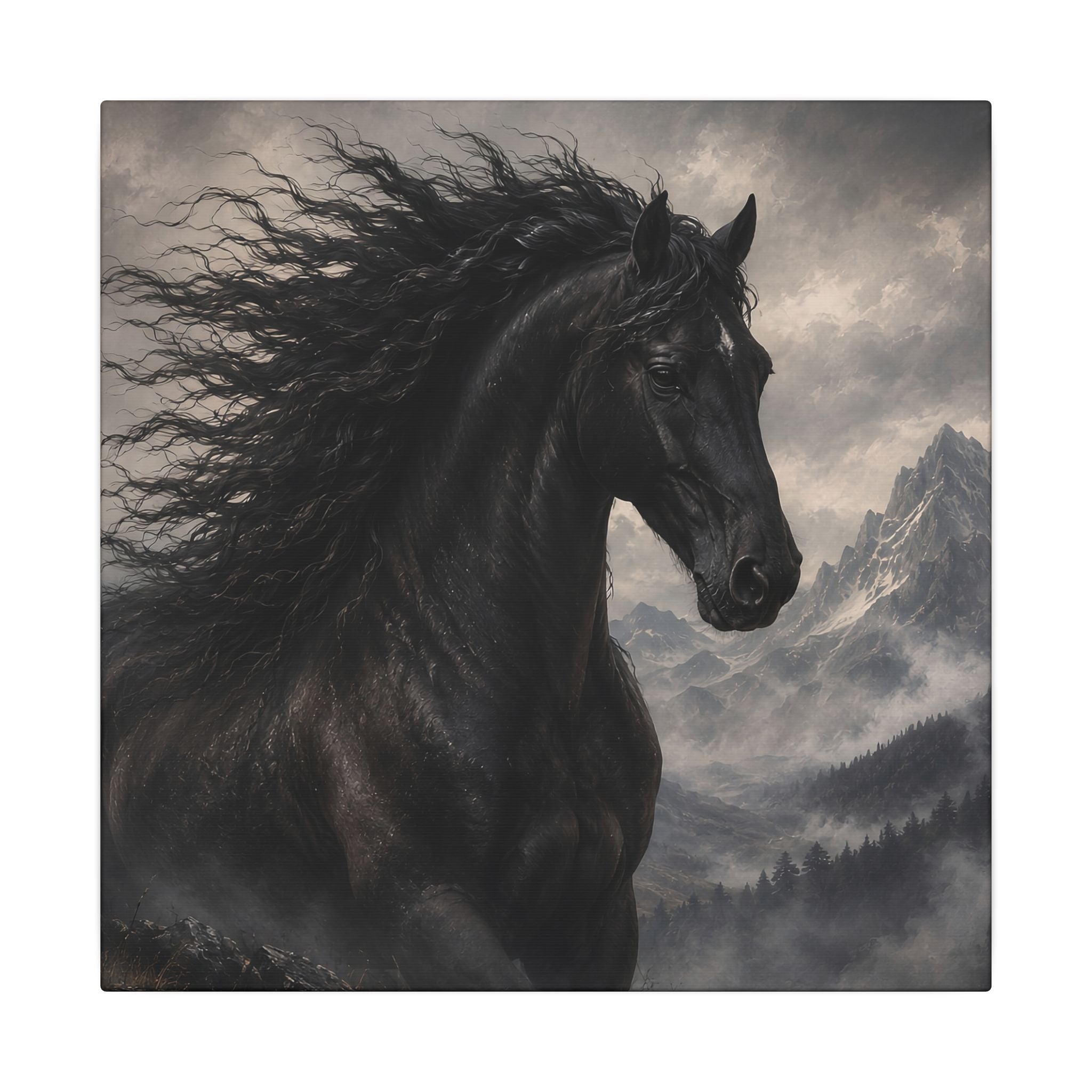 Majestic Black Horse Matte Canvas Wall Art — Dramatic Mountain Stallion Print