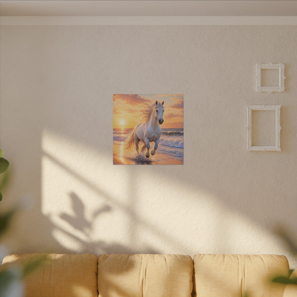 White Horse on Beach Canvas Print — Sunset Seaside Wall Art