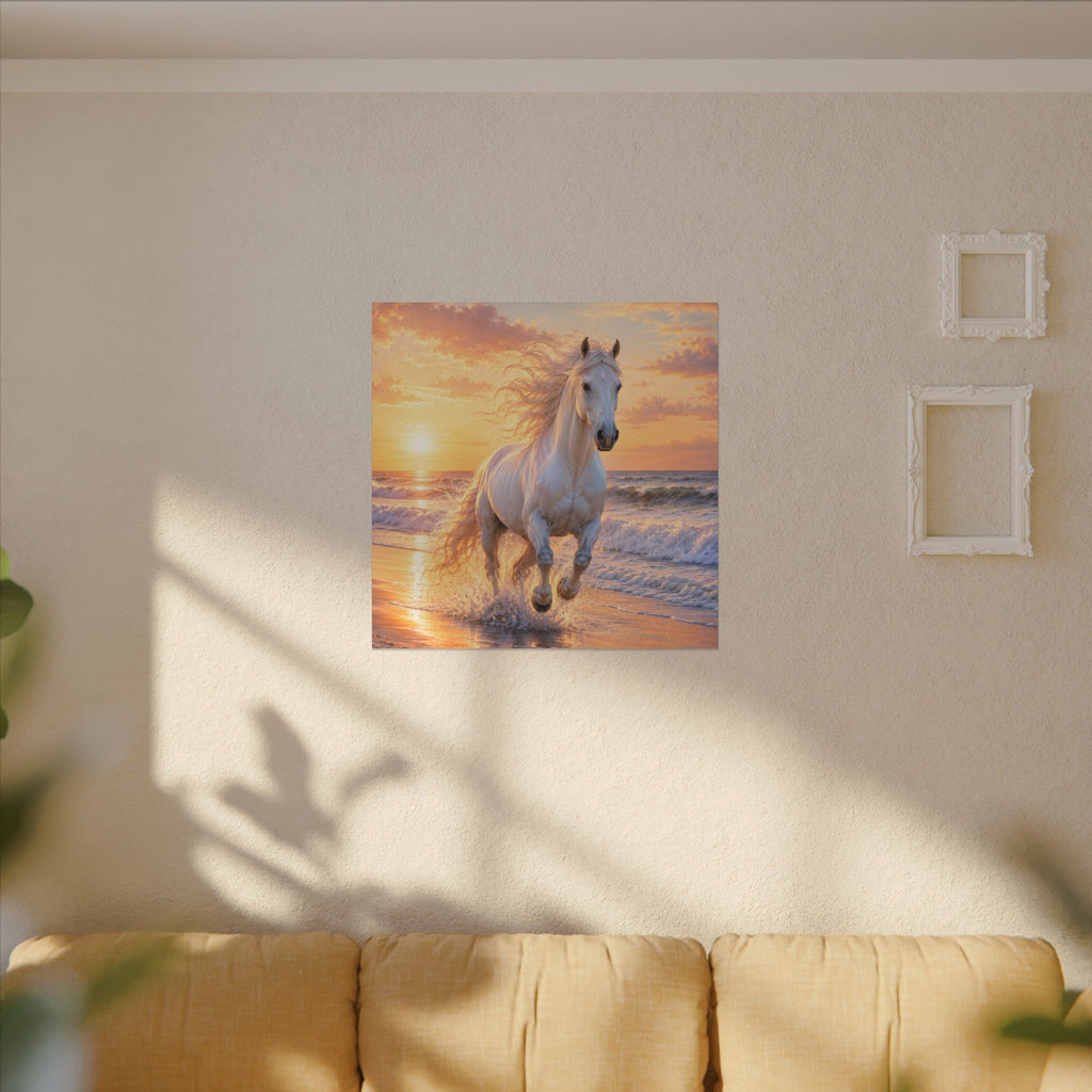 White Horse on Beach Canvas Print — Sunset Seaside Wall Art