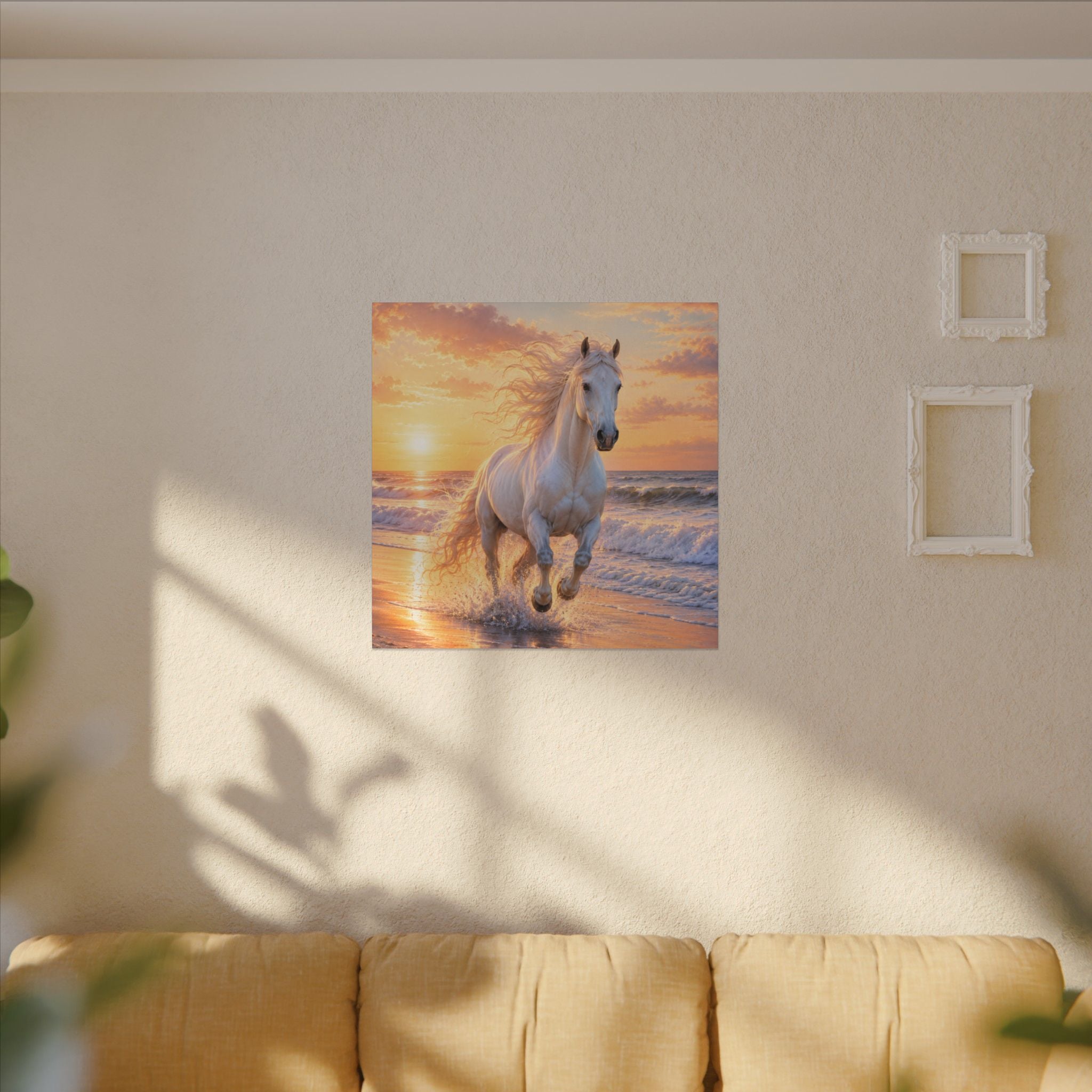 White Horse on Beach Canvas Print — Sunset Seaside Wall Art