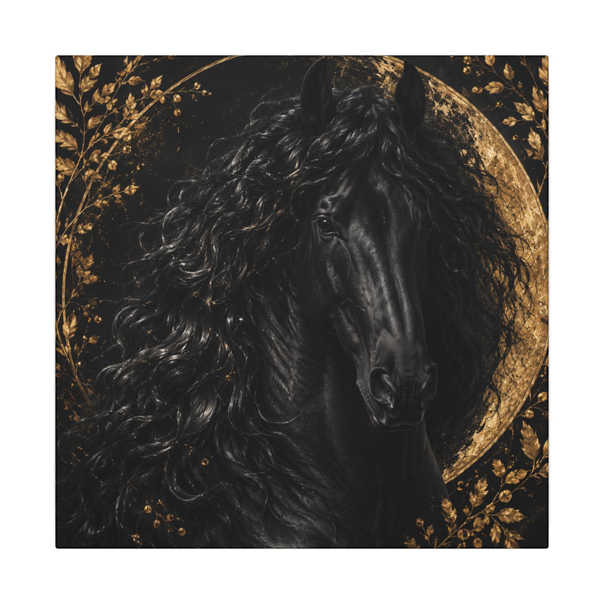 Black Stallion Canvas Print — Elegant Horse Wall Art with Gold Moon