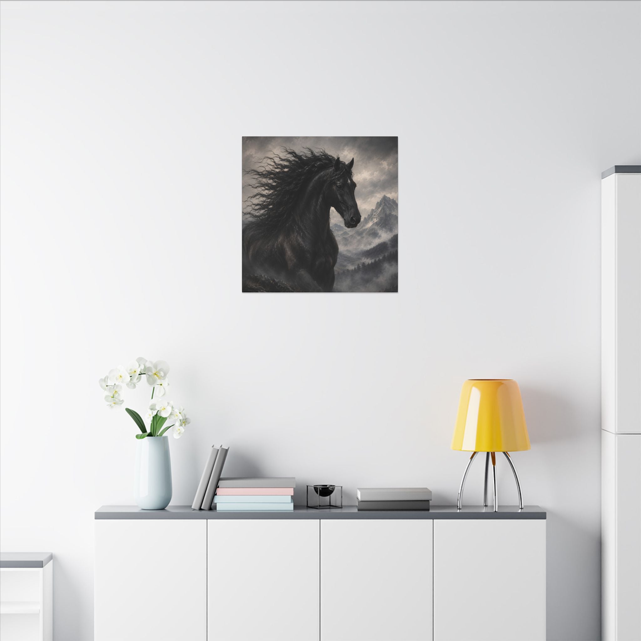 Majestic Black Horse Matte Canvas Wall Art — Dramatic Mountain Stallion Print