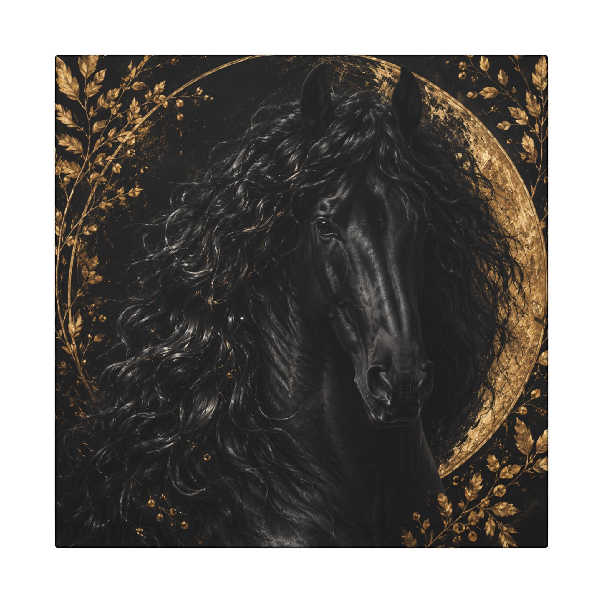 Black Stallion Canvas Print — Elegant Horse Wall Art with Gold Moon