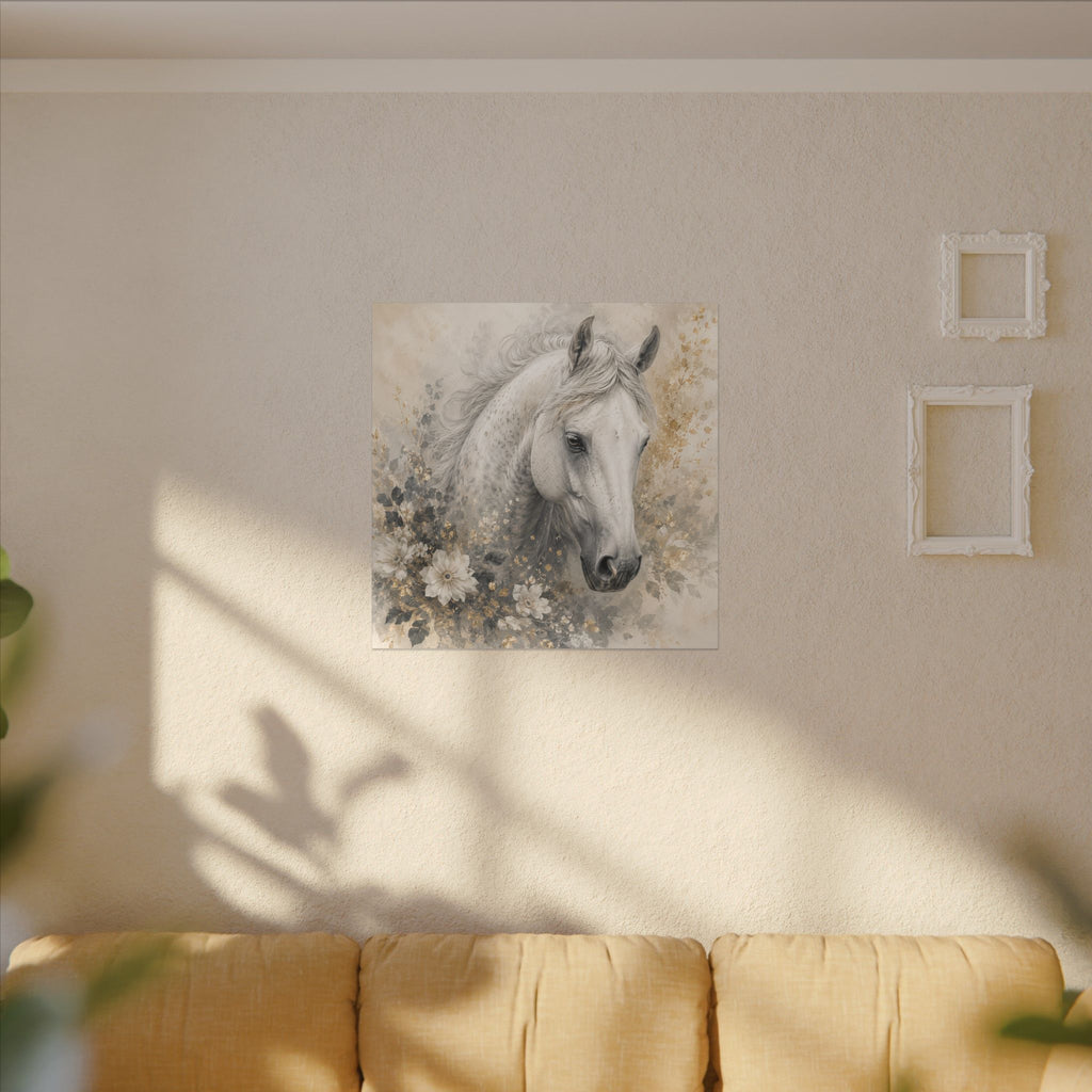 White Horse Floral Canvas Wall Art — Matte Stretched Horse Portrait