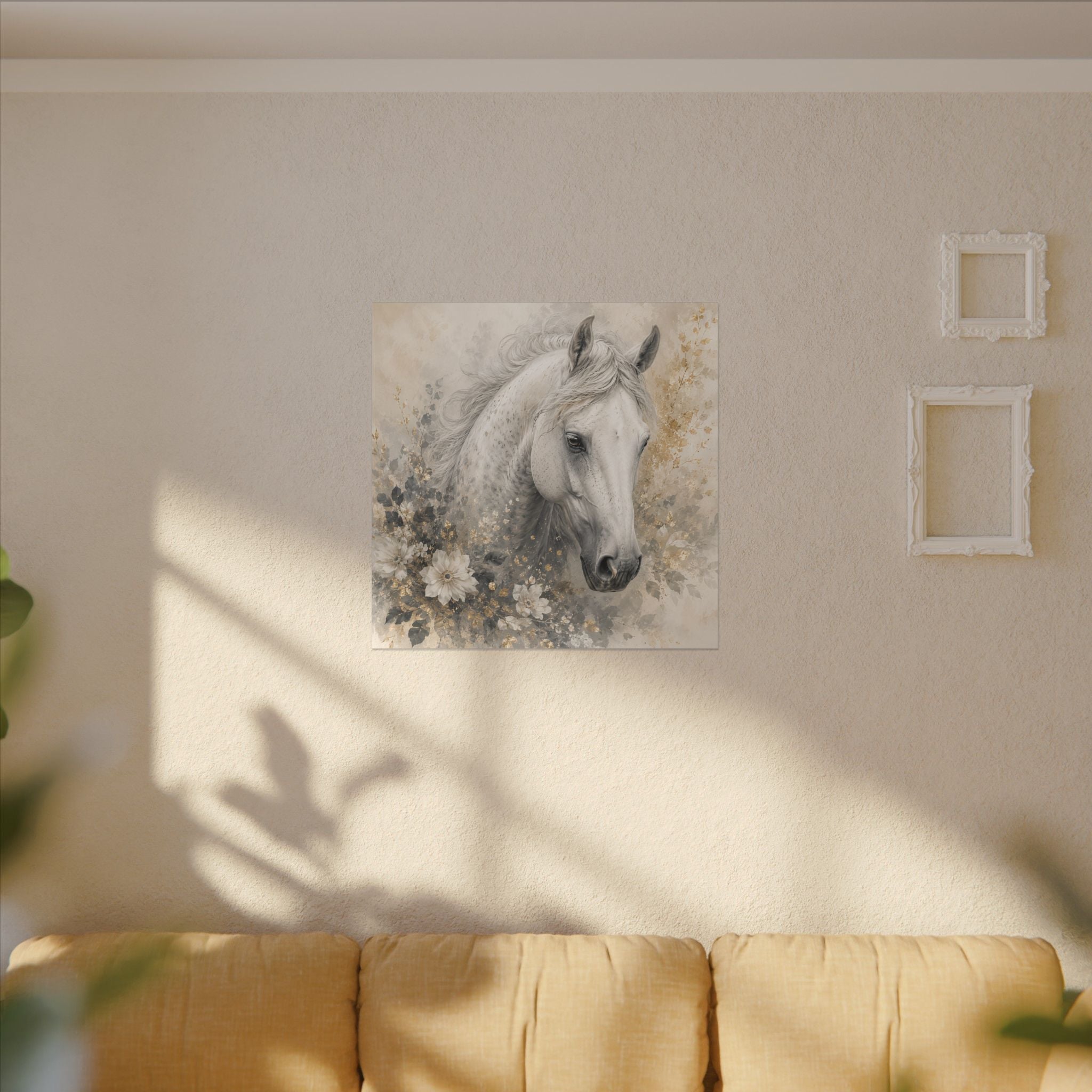 White Horse Floral Canvas Wall Art — Matte Stretched Horse Portrait