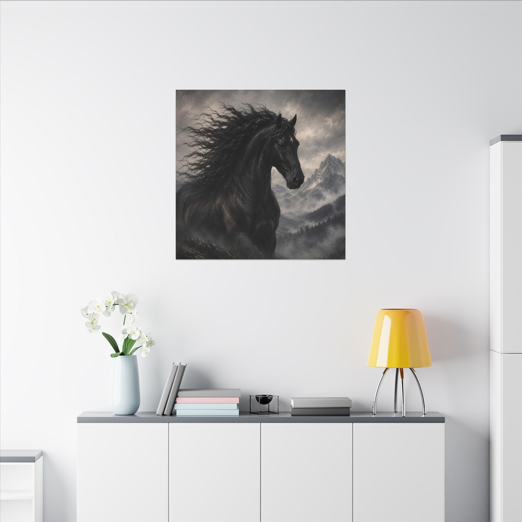 Majestic Black Horse Matte Canvas Wall Art — Dramatic Mountain Stallion Print