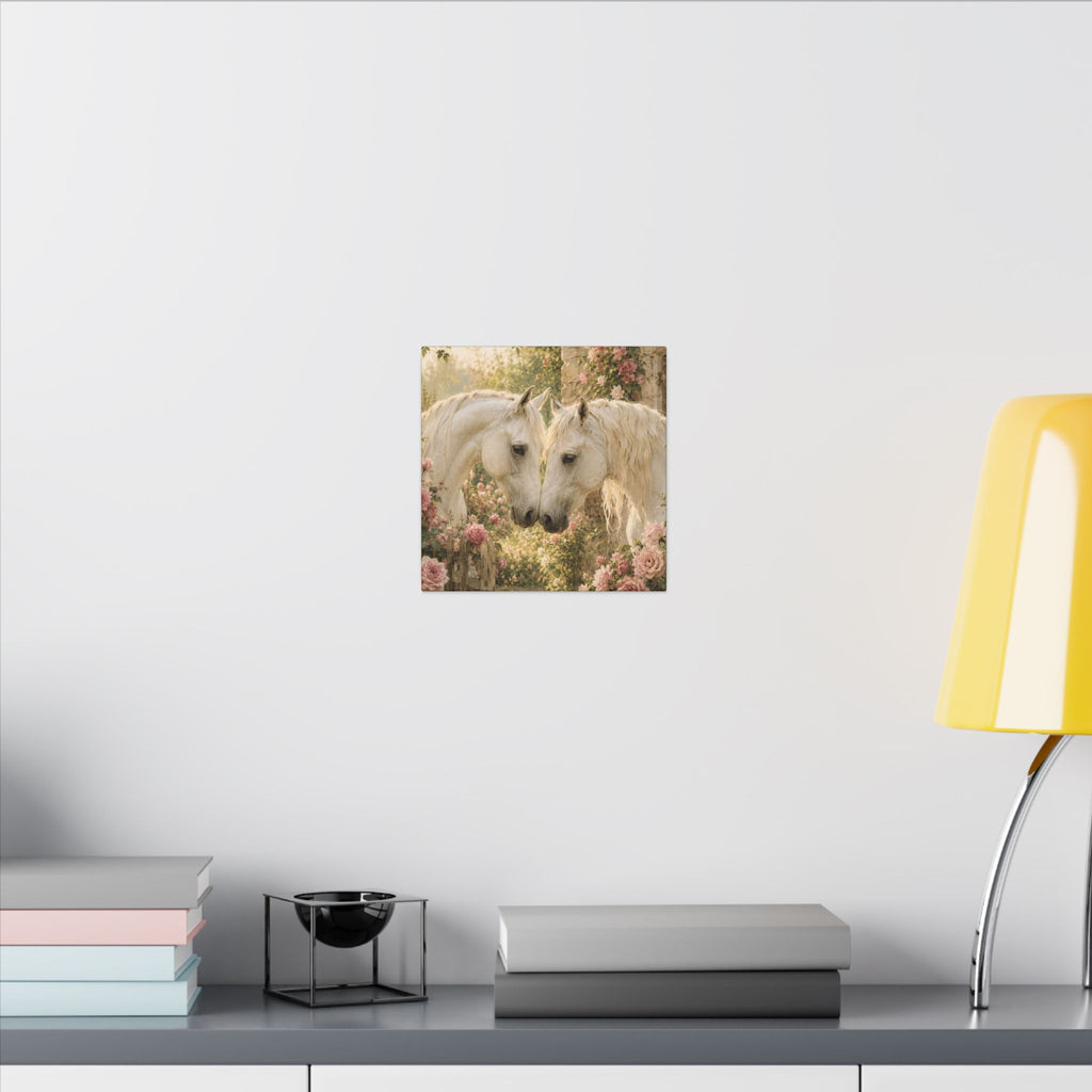 Romantic White Horses Canvas Wall Art — Floral Garden Horse Print
