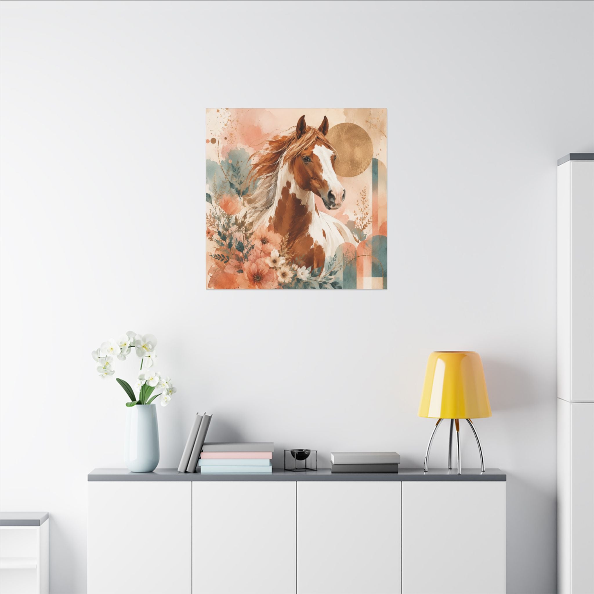 Painted Pinto Horse Canvas Wall Art — Boho Floral Equestrian Decor