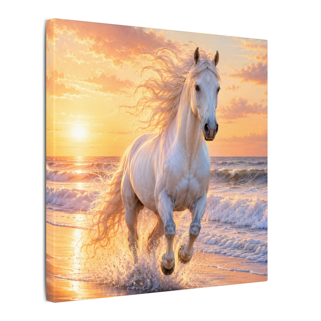 White Horse on Beach Canvas Print — Sunset Seaside Wall Art
