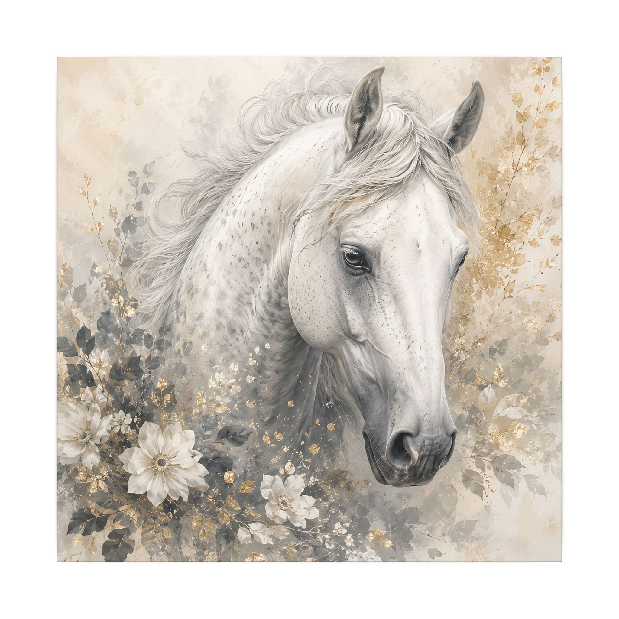 White Horse Floral Canvas Wall Art — Matte Stretched Horse Portrait