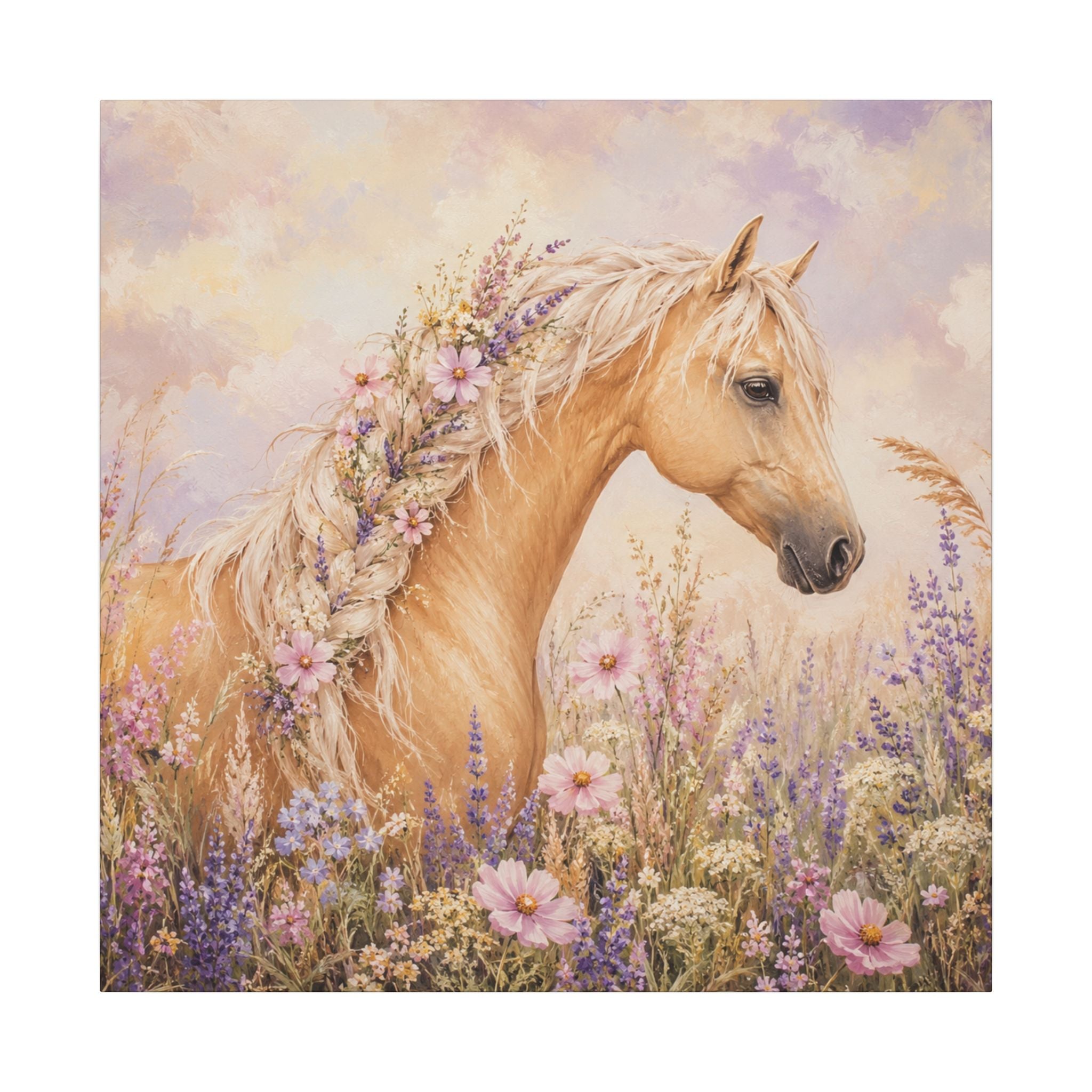 Palomino Horse Canvas Wall Art — Floral Meadow Matte Stretched Canvas