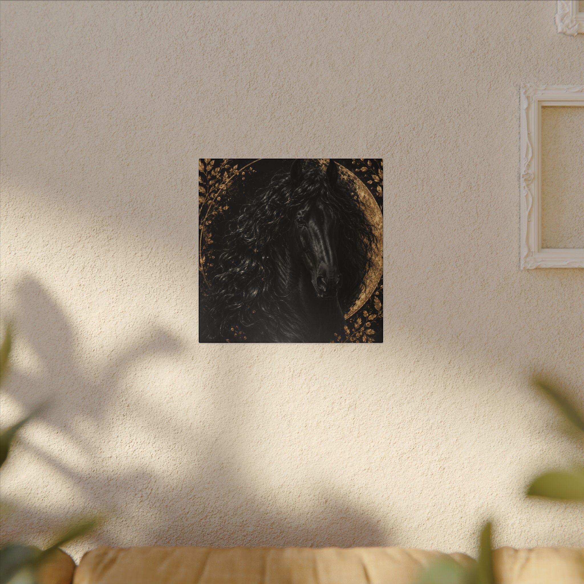 Black Stallion Canvas Print — Elegant Horse Wall Art with Gold Moon