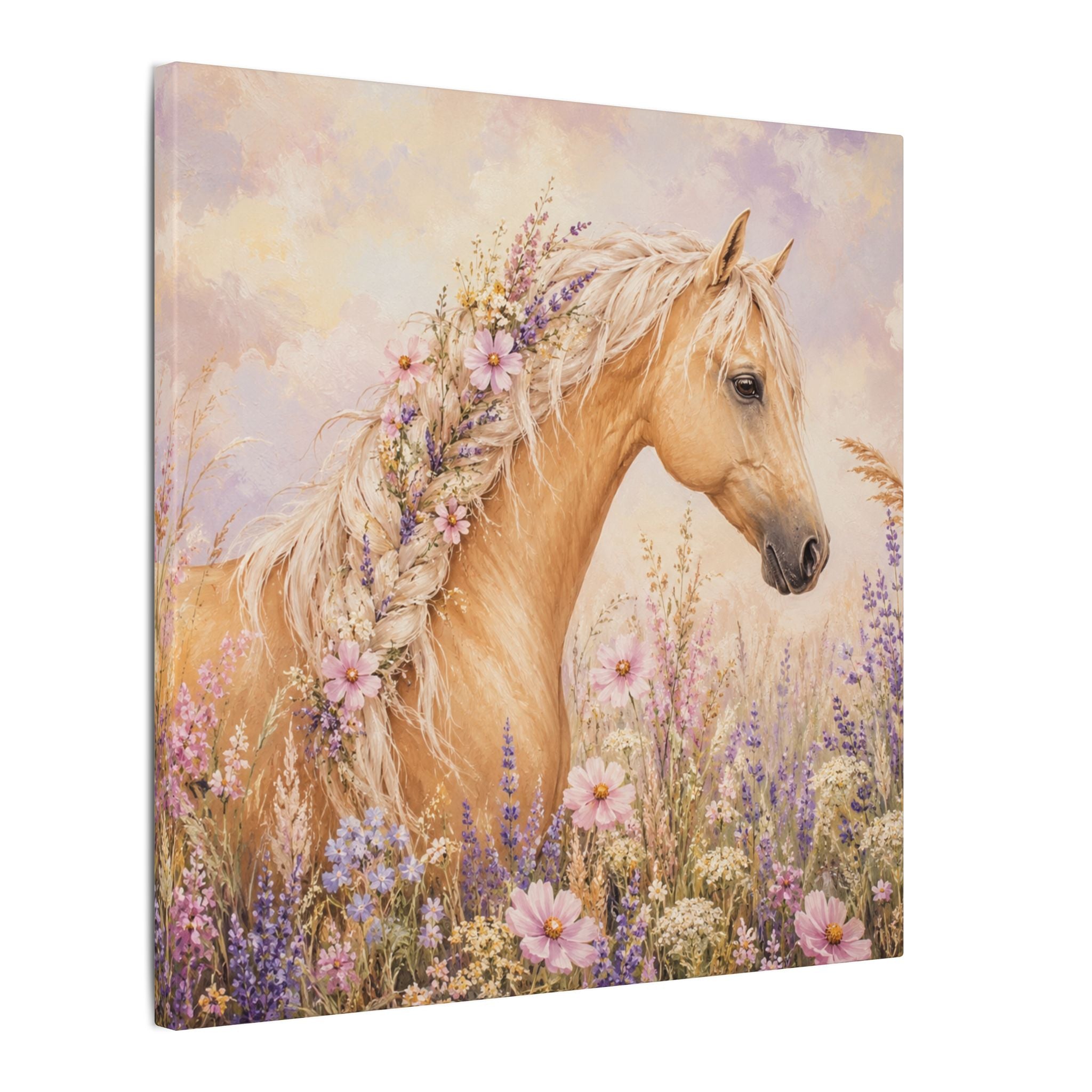 Palomino Horse Canvas Wall Art — Floral Meadow Matte Stretched Canvas