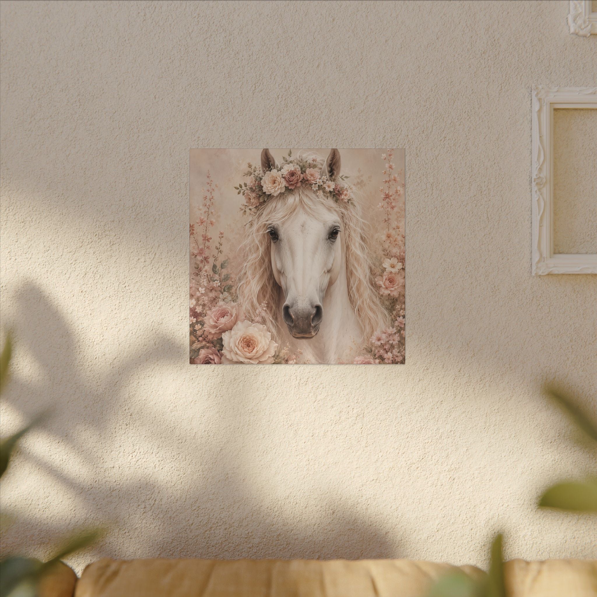 Floral White Horse Matte Canvas Wall Art
