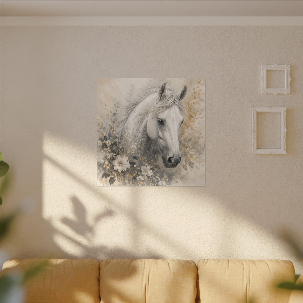 White Horse Floral Canvas Wall Art — Matte Stretched Horse Portrait