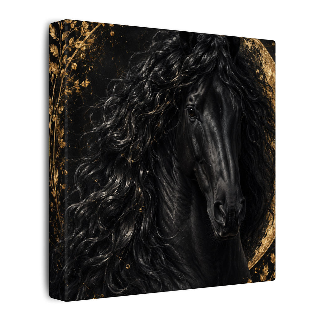 Black Stallion Canvas Print — Elegant Horse Wall Art with Gold Moon