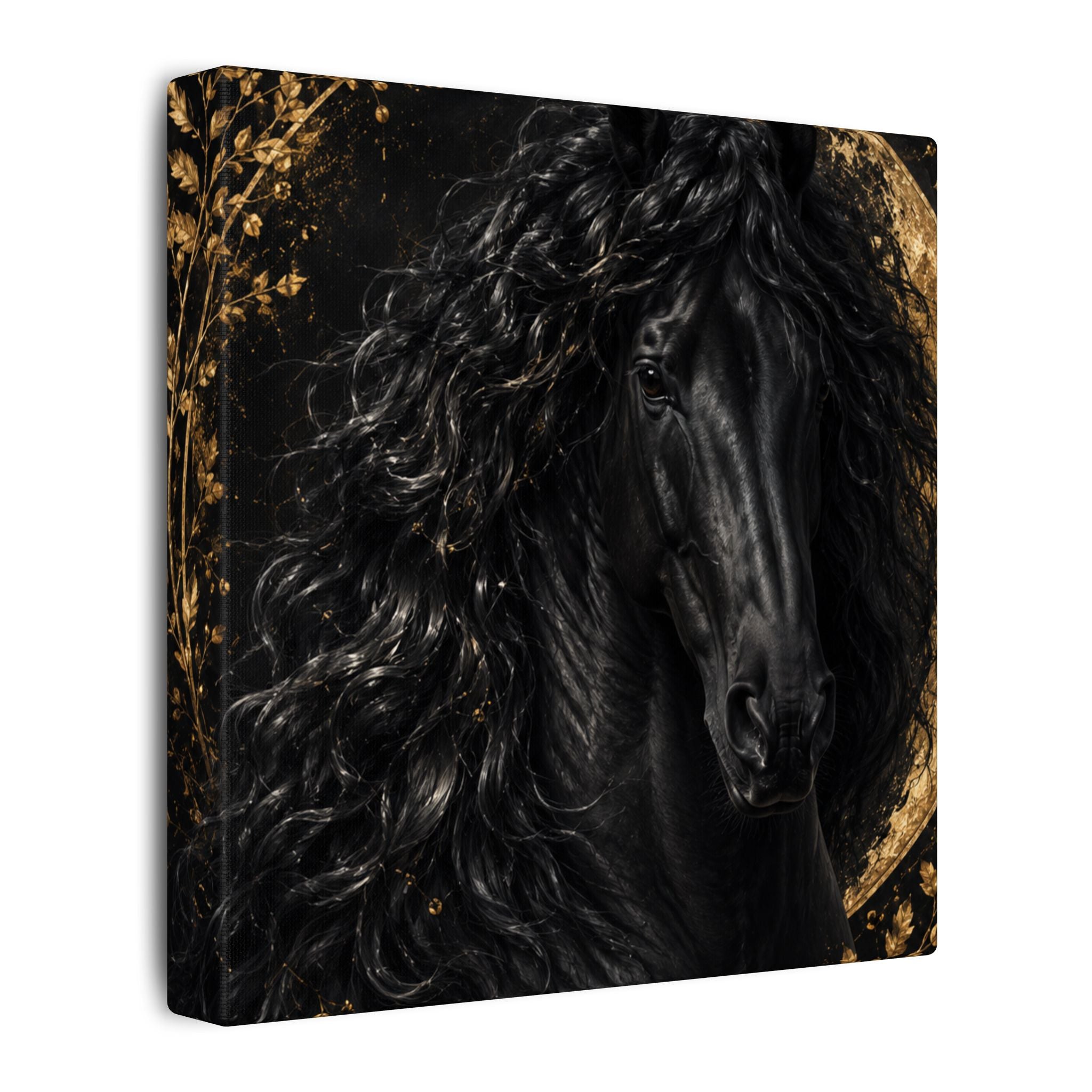 Black Stallion Canvas Print — Elegant Horse Wall Art with Gold Moon