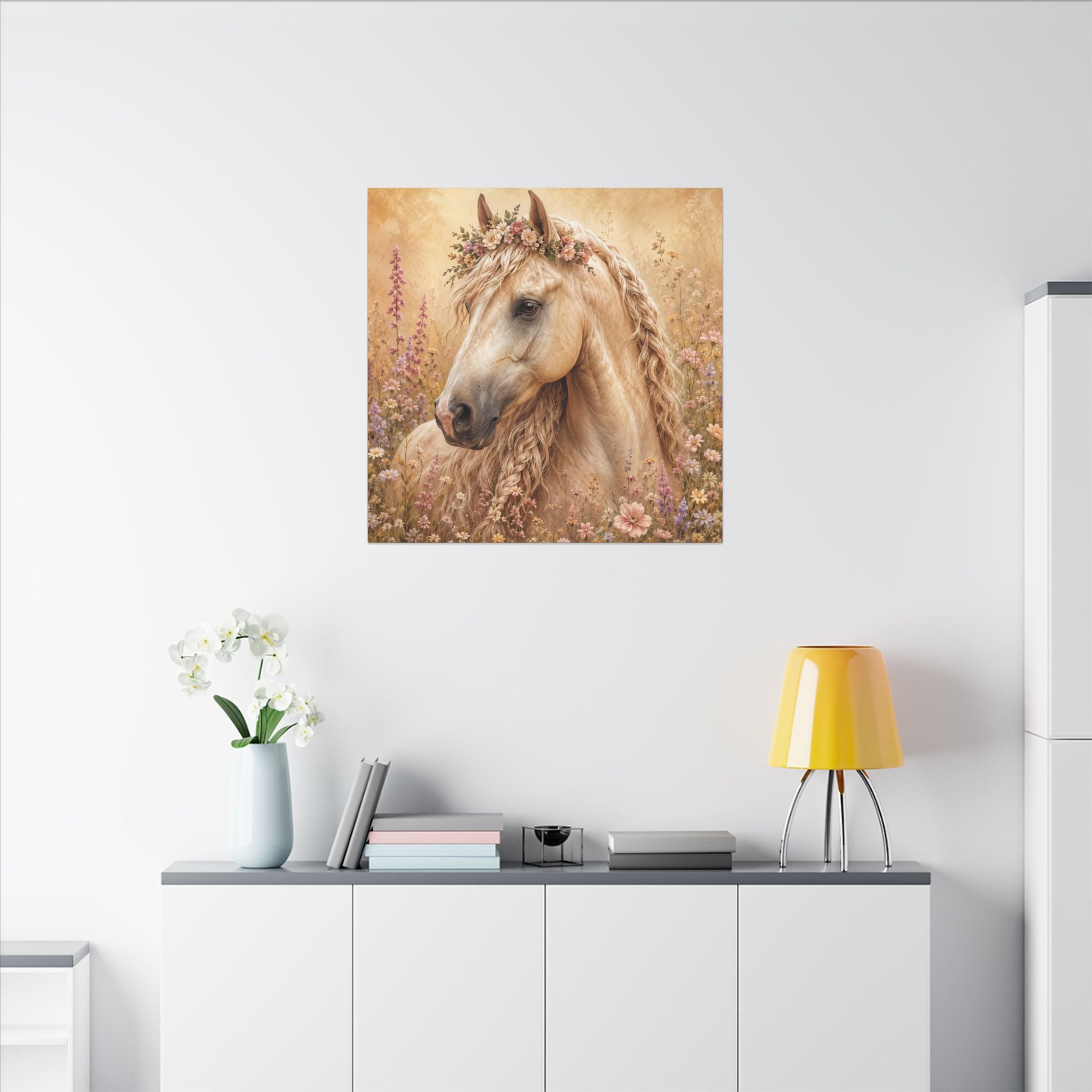 Golden Floral Horse Canvas Print — Matte Stretched Wall Art